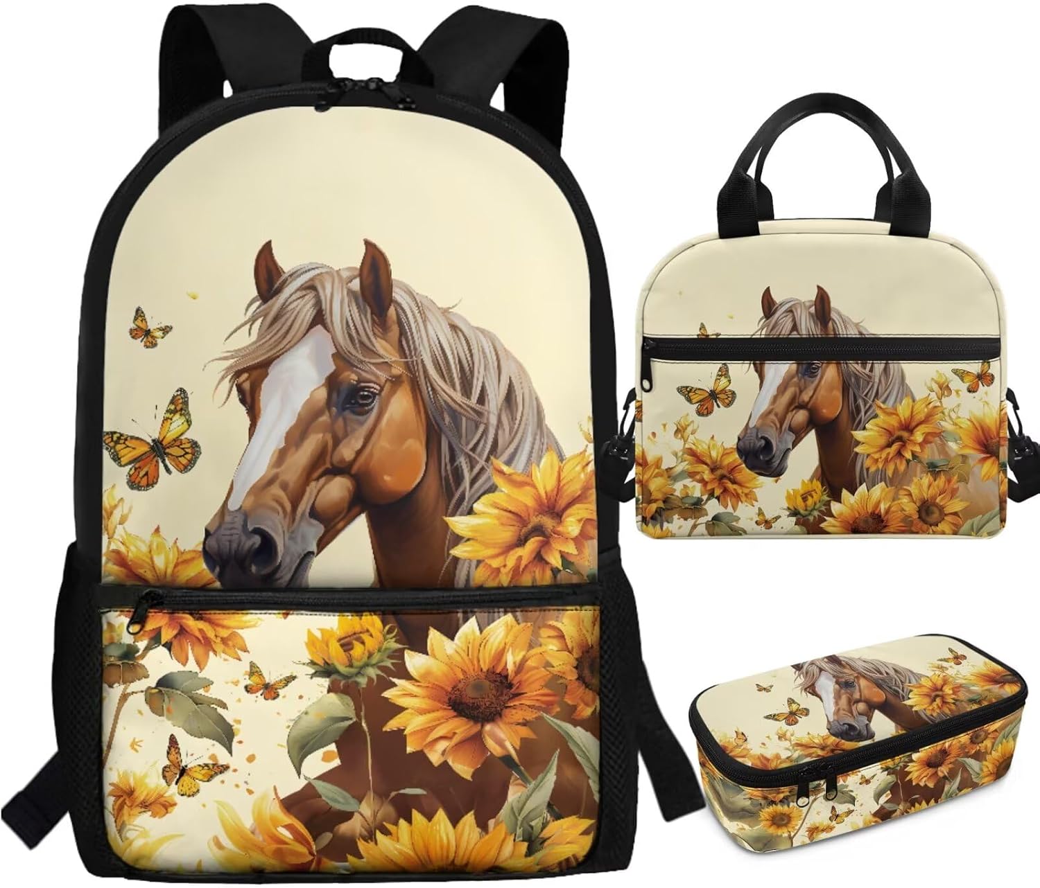 3 Pieces Butterfly Horse Backpack for Girls 6-8 8-10 Large Capacity Elementary School Bag Set for Girls 5Th Grade Bookbag for Kids Girls Bookbag with Lunch Box and Pencil Box