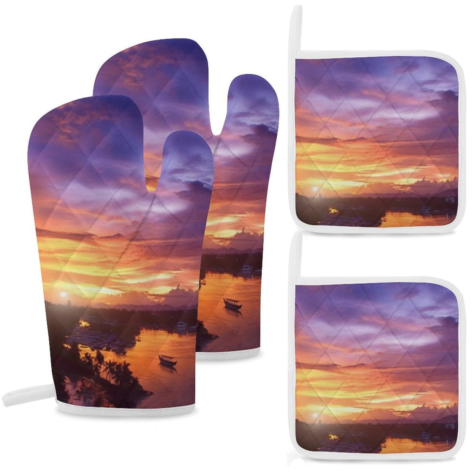 Oven Mitts and Pot Holders Set of 4 Heat Resistant Non-Slip Kitchen Gloves Hot Pads Beautiful Sunset at Thailand Mittens Gloves Non-Slip Potholders for Cooking Baking Grilling BBQ