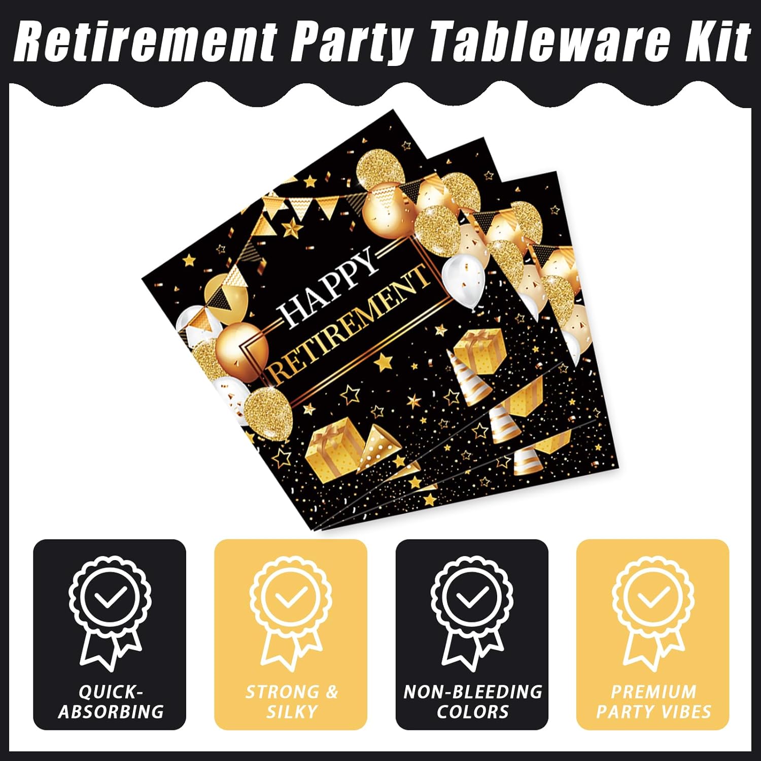 Kepeel 96 Pcs Retirement Party Plates and Napkins Set, Happy Retirement Party Supplies Decorations for Men Women Gold and Black Farewell Going Away Disposable Dinnerware Tableware Kit, Serves 24