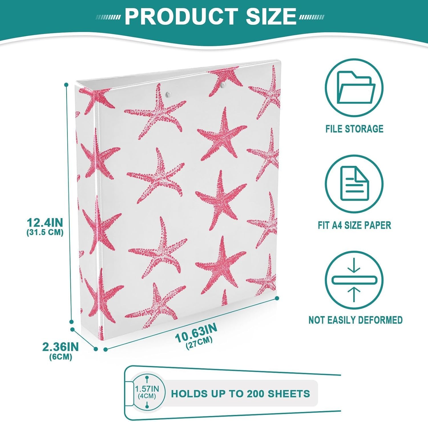 3 Ring Binder Pink Starfish Nautical Coastal Ocean C 1.5 inch Binders Three Ring Binders with Clipboard Fit 8.5'' x 11'' Paper 3 Interior PVC Clear Pockets for Office Supplies - Image 7