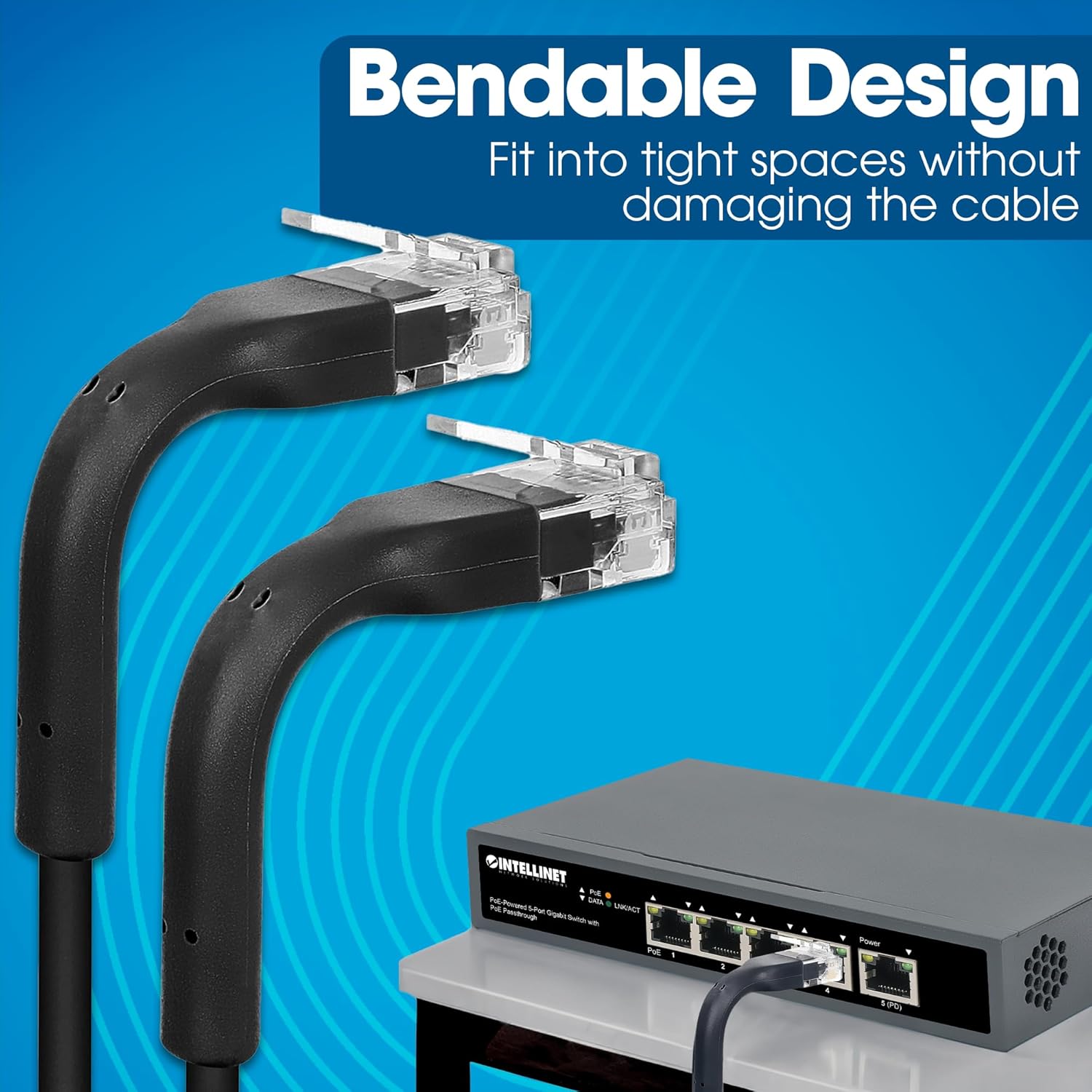 Intellinet FlexiBoot Slim Cat6 Ethernet Network Patch Cable – 10-Pack - 10Gbps & 250MHz, Flexible Bendable Boot, 32AWG Pure Bare Copper Wire, Gold-Plated Contacts - 14ft, Black