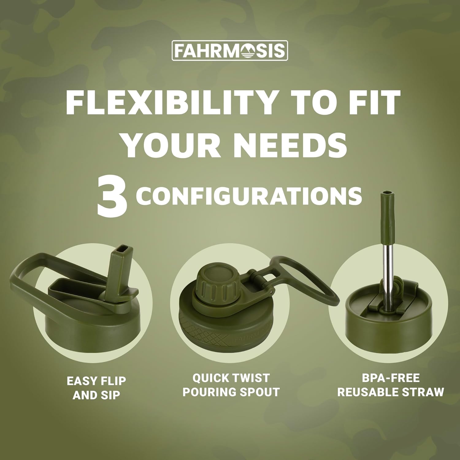 FAHRMOSIS 64 Oz Insulated Water Bottle with Strap Stainless Steel Sports Water Bottle with 3 Lids (Straw, Chug and Flip Lid) Leak Proof Metal Half Gallon Jug for Men & Women - Army Green