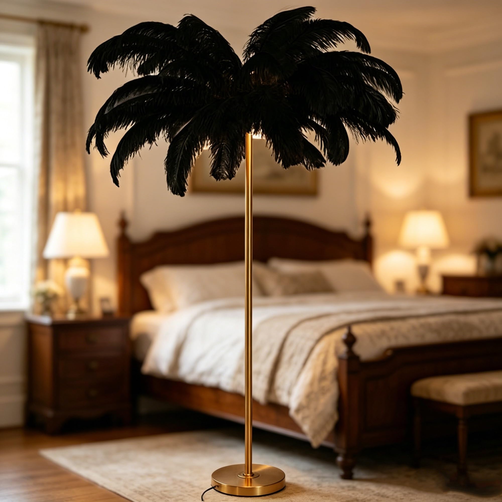 kumamart Home Ambient Ostrich Feather Floor Standing Lamp, Fluffy Shade Indoor Lighting for Bedroom Living Area with Black White Two Color Options(Black)