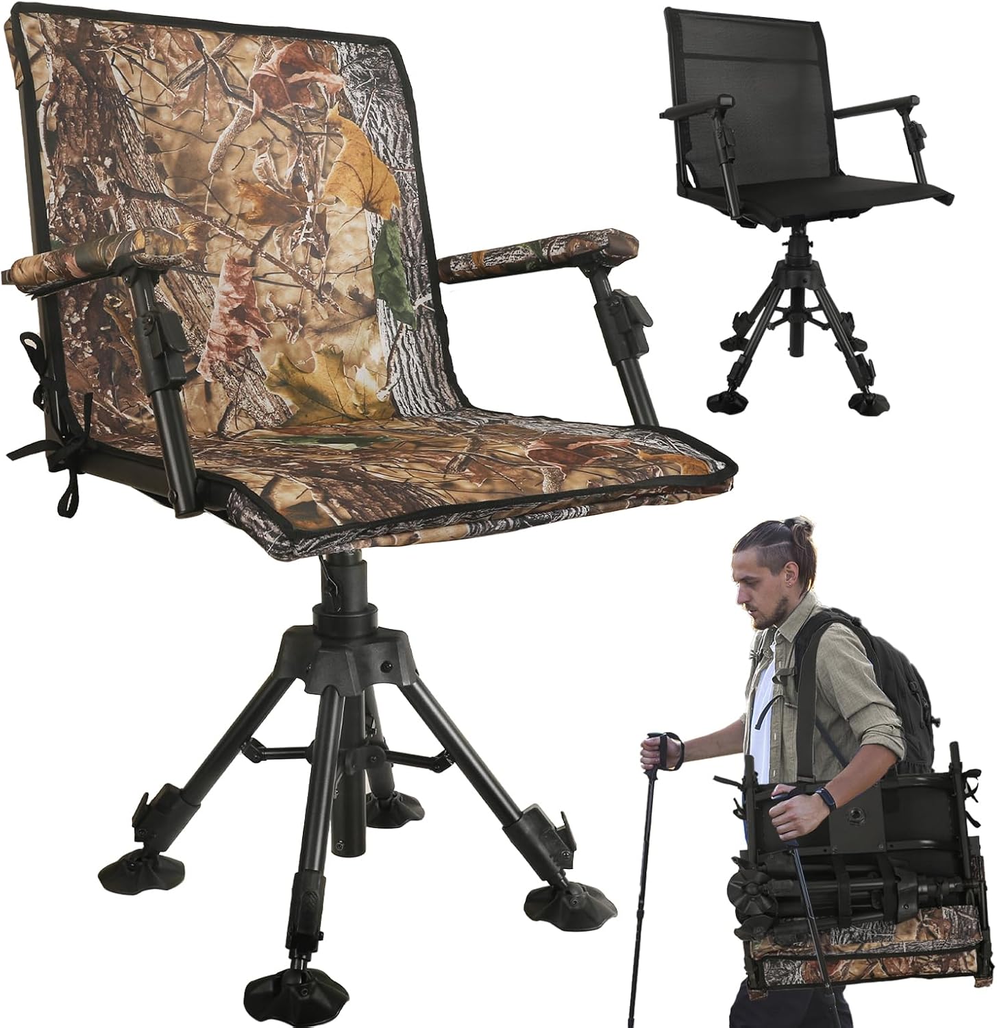 Hunting Chair with Removable Camouflage Cover, 360 Degree Silent Swivel Hunting Seat with Adjustable 4 Legs Height and Armrests, Tool-Free Foldable Ground Blind Chair, Portable Seat Camouflage-black