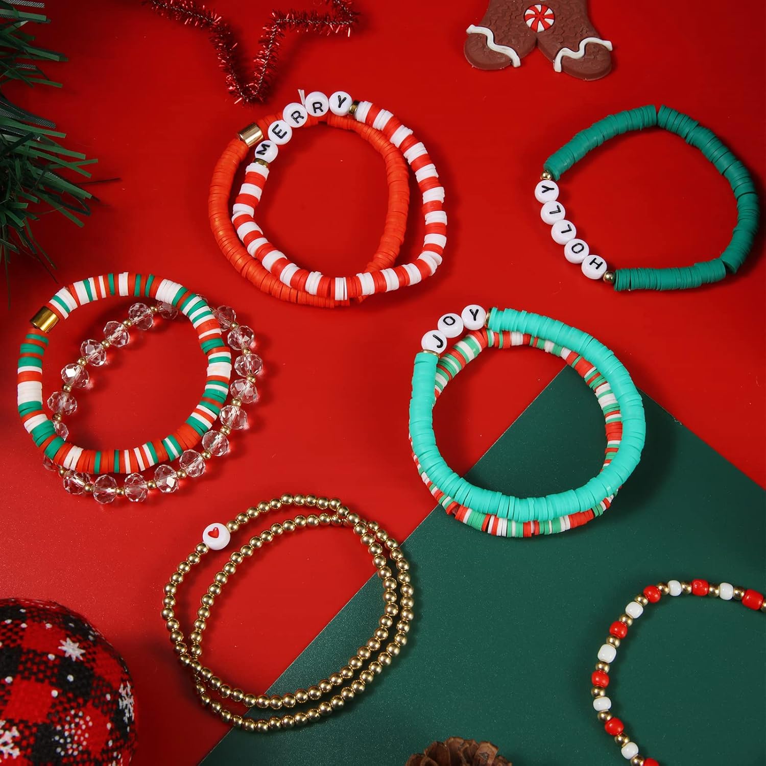 Leitee 10 Pcs Christmas Bracelets Gifts for Women Heishi Surfer Bracelets Polymer Clay Stretch Jewelry Party Favor Supplies - Image 6