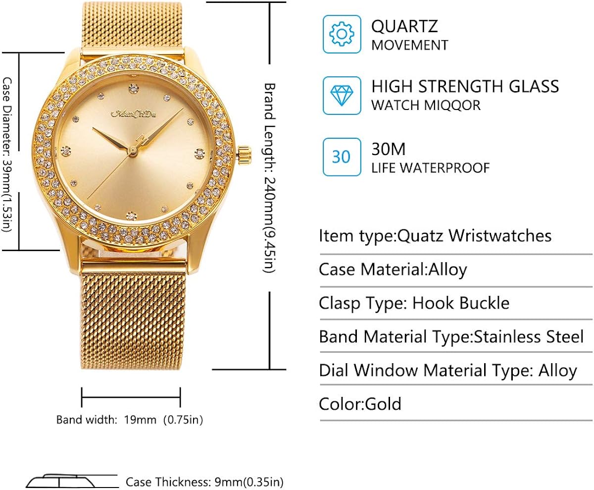 ManChDa Womens Wrist Watch Crystal Case Mesh Stainless Steel Band Ladies Quartz Diamond Classic Fashion Romantic + Jewelry Cuff Bracelet Set : Clothing, Shoes & Jewelry