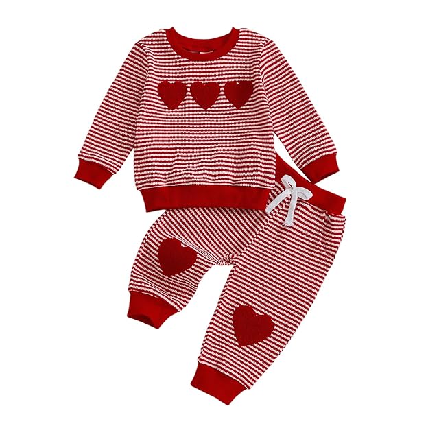 Giraropa Toddler Baby Girl Clothes Waffle Knit Sweater Sweatsuit Heart Embroidery 2Pcs Joggers Pants Set Fall Winter Clothes