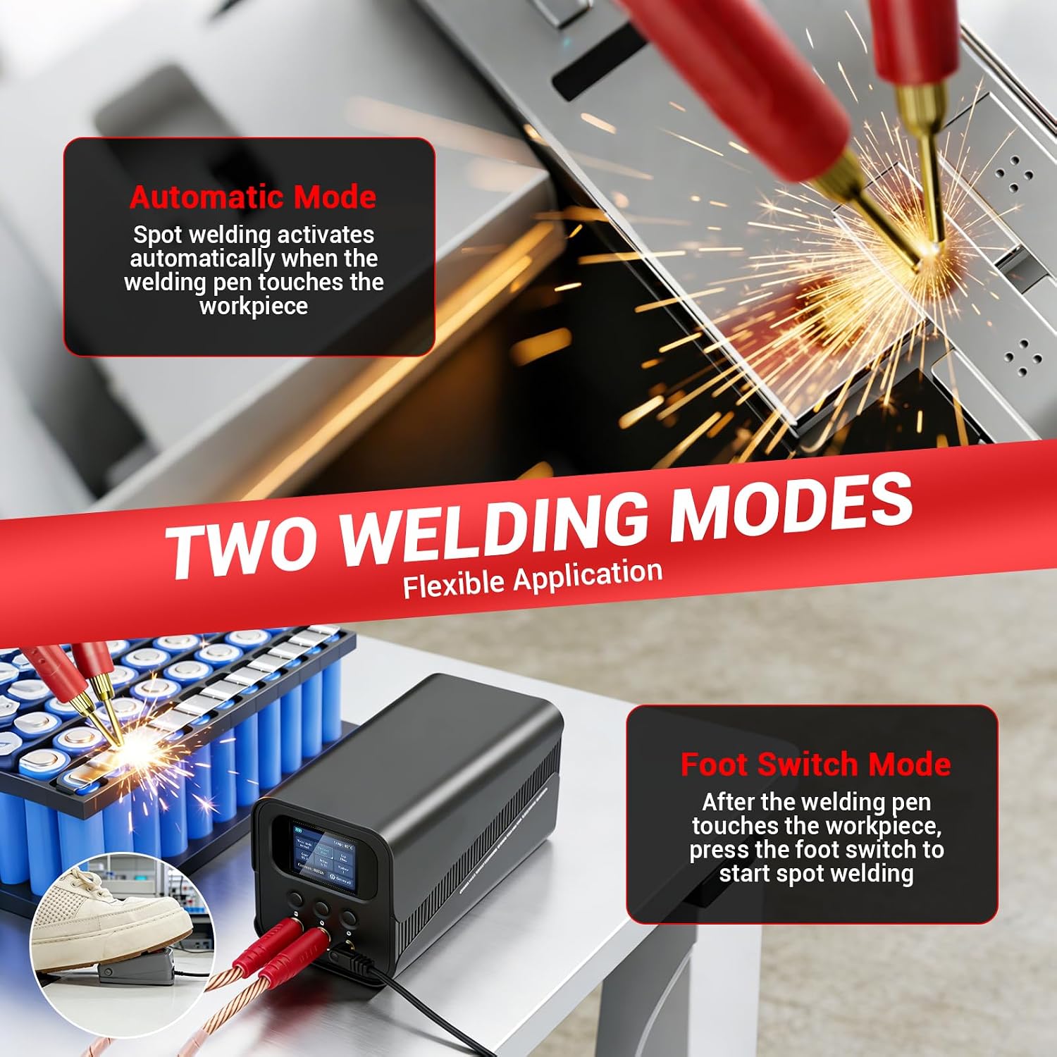 Capacitor Spot Welder, 10.5KW Portable Battery Spot Welder 2000A with Automatic and Foot Pedal 2 Modes, 0.15-0.4mm Nickel Strip Soldering Kit for 18650/21700/LiFePO4 Battery Pack Building
