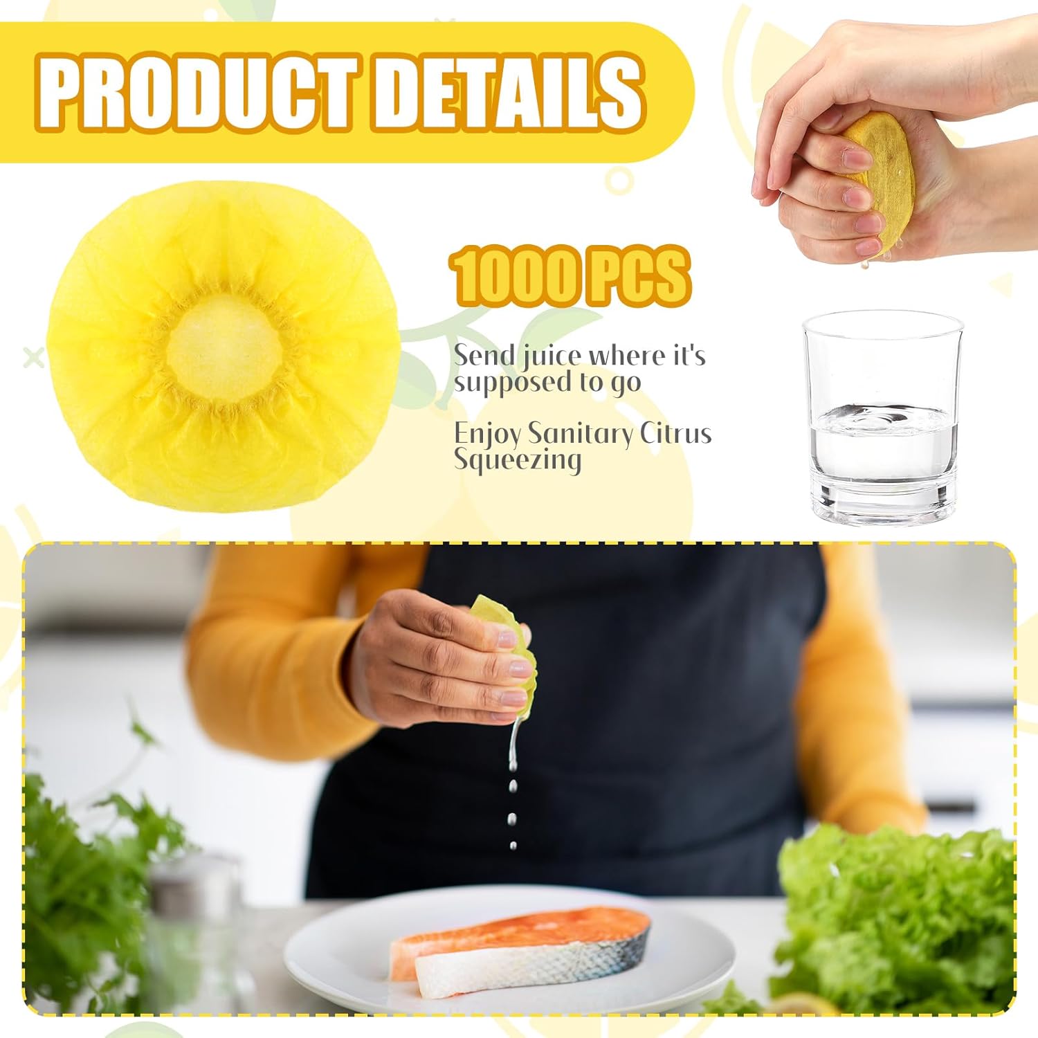 1000 Pack Lemon Wedge Stretchable Wraps Covers Lemon Nets Bag Covers for Squeezing for Seed Free Squeezing of Halves or Wedge, Yellow