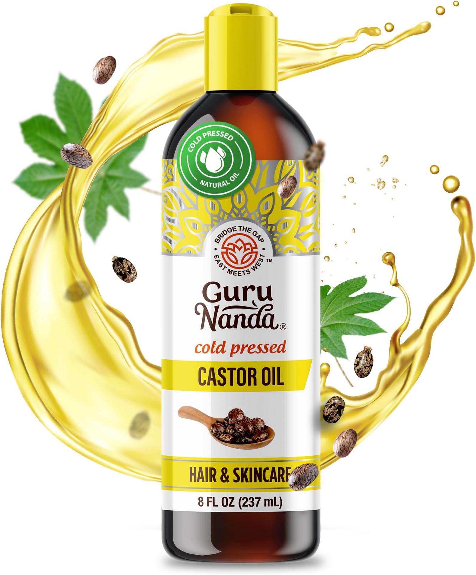 GuruNanda Castor Oil (8 Fl oz), 100% Pure, Cold Pressed & Hexane-Free, Hydrating Carrier Oil, Natural Castor Oil for Hair, Eyebrows & Eyelashes Growth, 237 ml