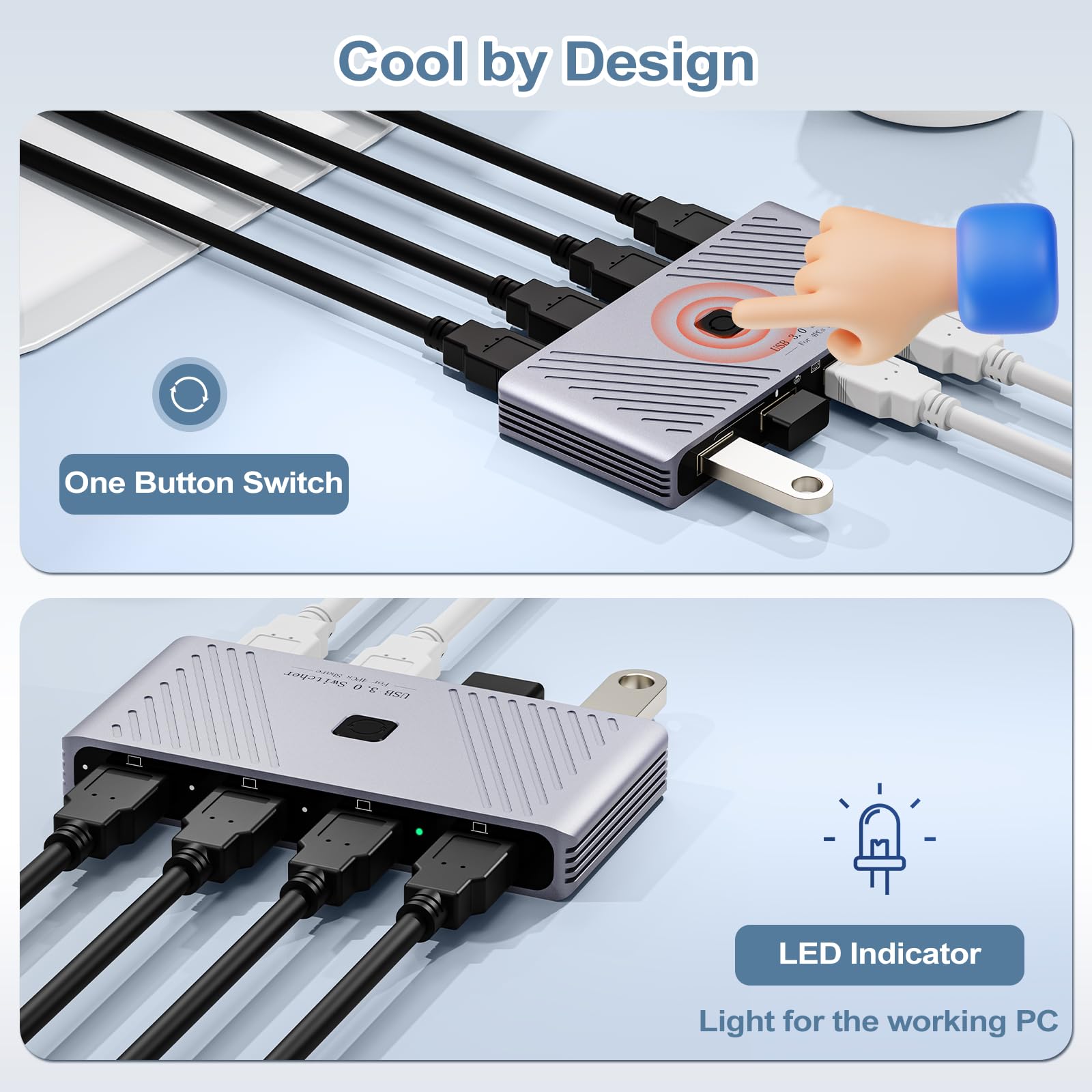 USB-3.0-Schalter, 4 Computer, 4 USB-Geräte, Ein-Knopf-Schalter für Tastatur, Maus, Drucker, Scanner, USB-Peripherie-Sharing-Hub für PC, Laptop mit 2 USB-3.0-Kabeln, Gehäuse aus Aluminiumlegierung