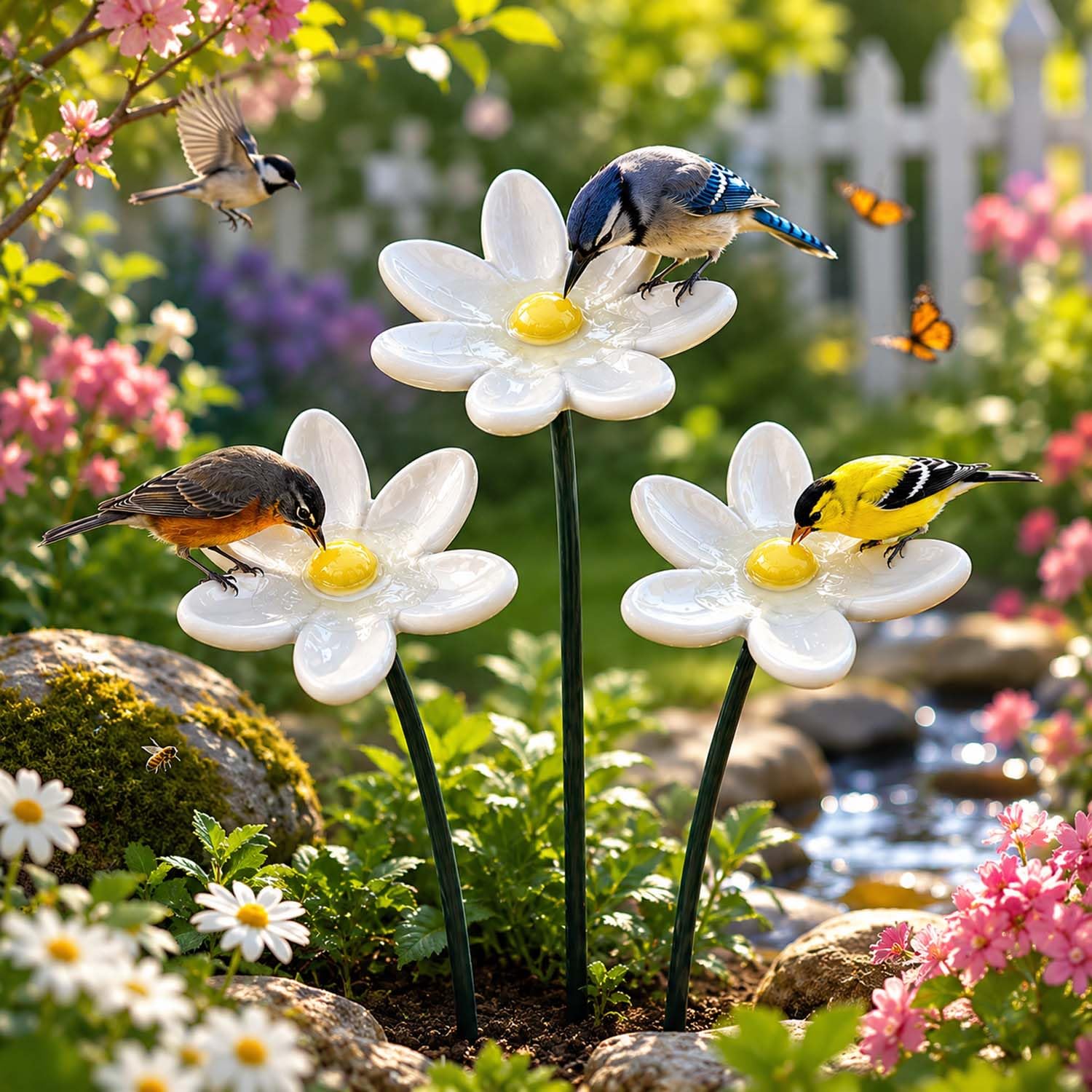 Handmade Ceramic Mini Pollinator Watering Station Colorful Flower Bee Water Feeder and Butterfly Bird Bath Small Outdoor Garden Stake Yard Art Decor Gift for Nature Lovers (3 pieces, white)
