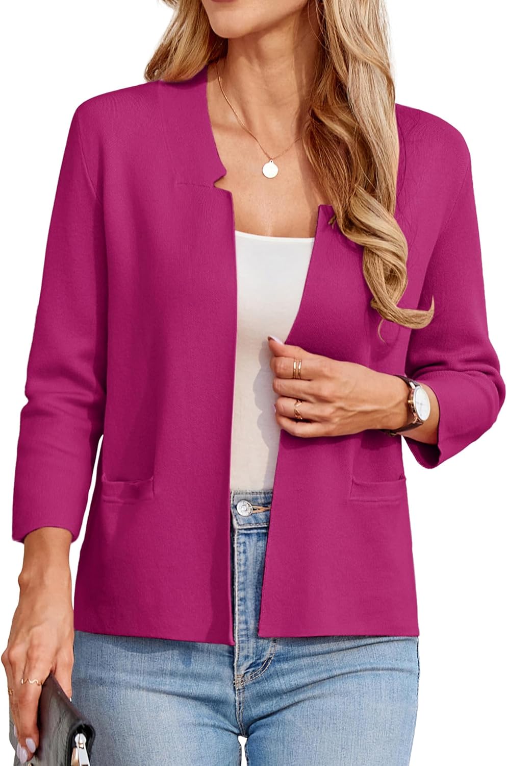 GRACE KARIN Women Sweater Blazer 3/4 Sleeve Cropped Cardigan Lightweight Notch Collar Knit Blazer Jacket Business Casual