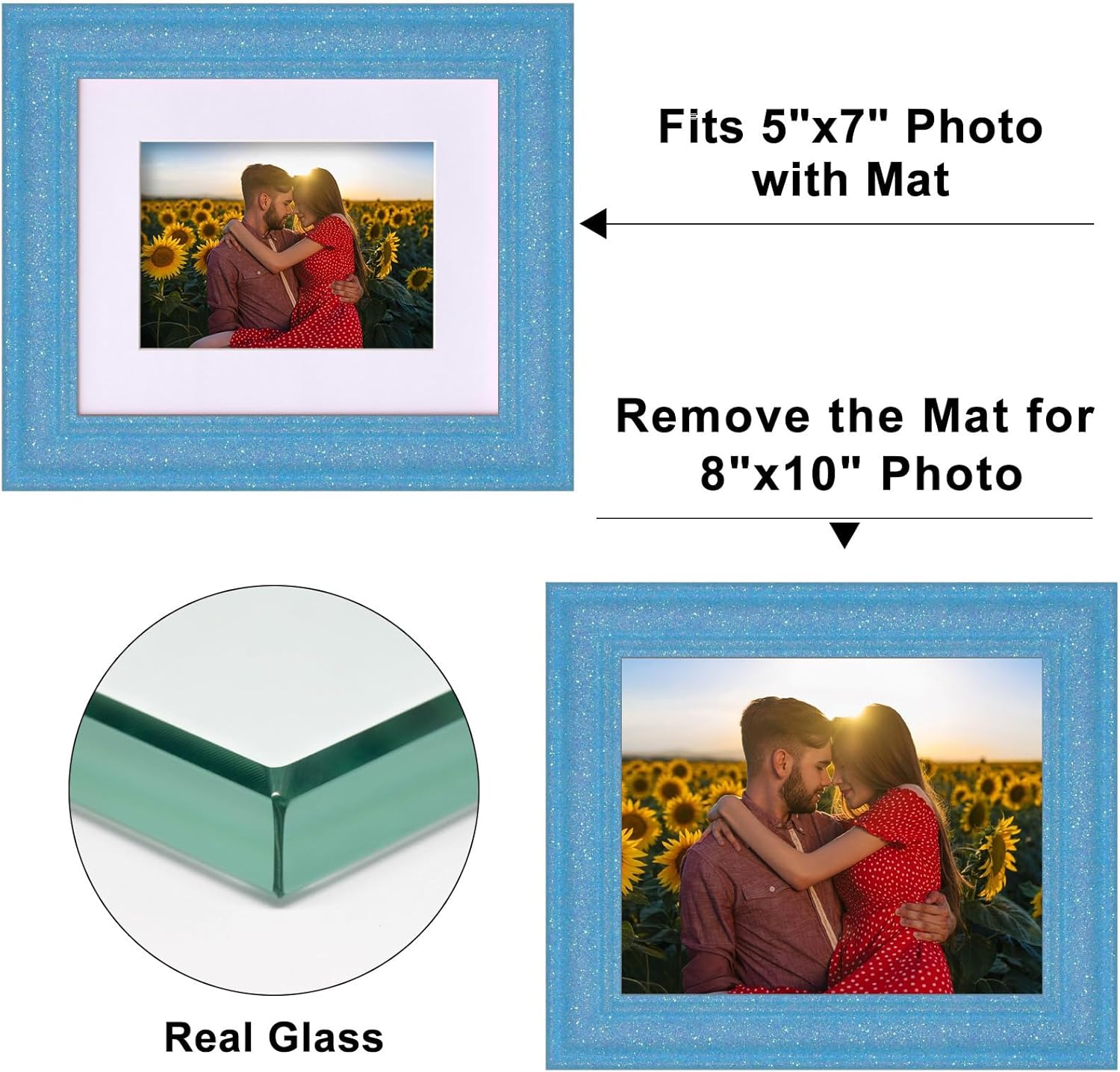 8x10 Glitter Picture Frame with Mat for 5x7, HD Real Glass Pastel Sparkle Photo Frames, Colorful Cute Fun or Unique 8 by 10 Artwork Frame for Tabletop or Wall Display Blue 4 Pack