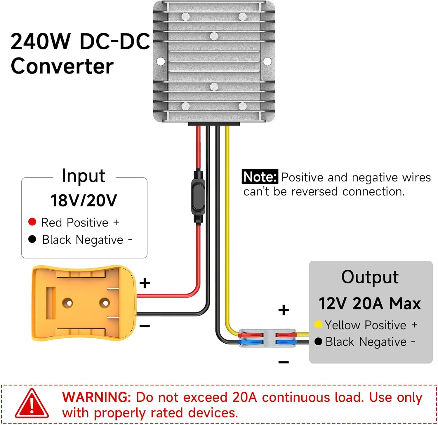2 Pack 20V to 12V Step Down Converter Compatible with DeWalt 20V Power Wheel Battery Adapter, DC 12V 20A 240W Buck Converter Regulator 30A Fuse & Wire Terminal