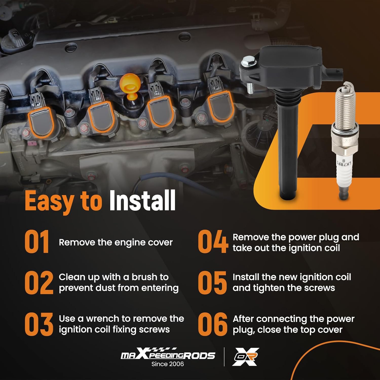 maXpeedingrods UF648 Ignition Coil 97390 Spark Plug for Dodge Jeep Chrysler VW V6 Engine, 2011–2020 Charger Challenger Grand Caravan 3.6L, 2012-2017 Wrangler 3.6, 2014-2020 Cherokee 3.2L (Set of 6)