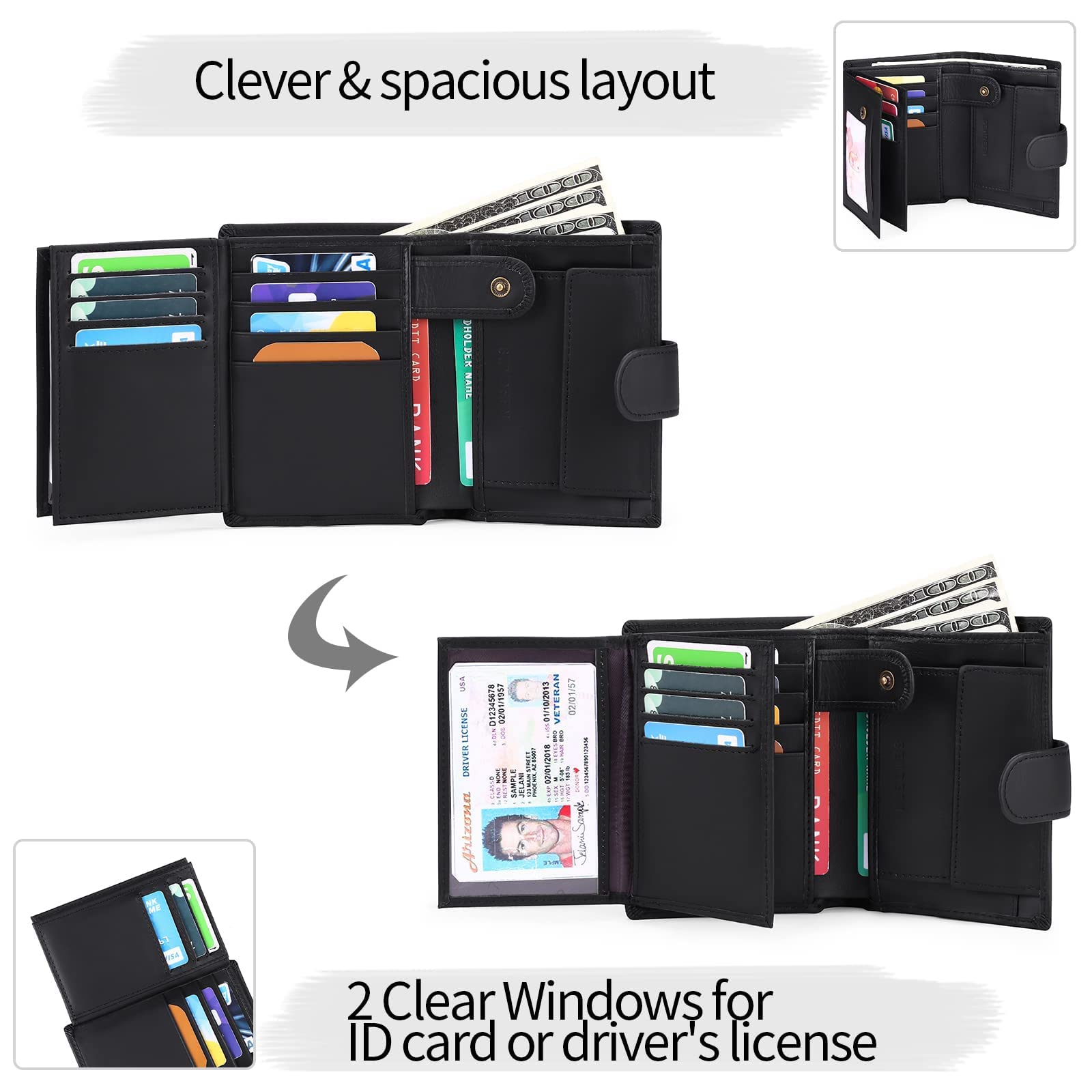 Cartera para Hombre Trifold de Piel auténtica con Bloqueo RFID, 19 Ranuras para Tarjetas, 3 Compartimentos para Billetes
