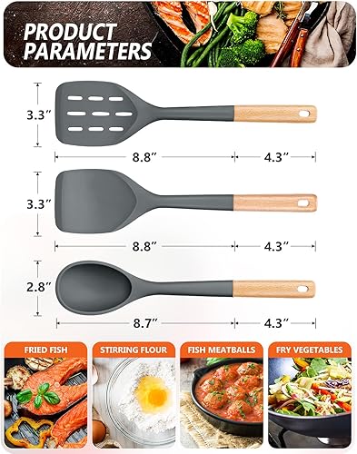 Miniatura 10 de Paquete de 3 espátulas de silicona, juego de utensilios de cocina antiadherentes, mango de madera, girador de cocina para hornear, mezclar, asar a