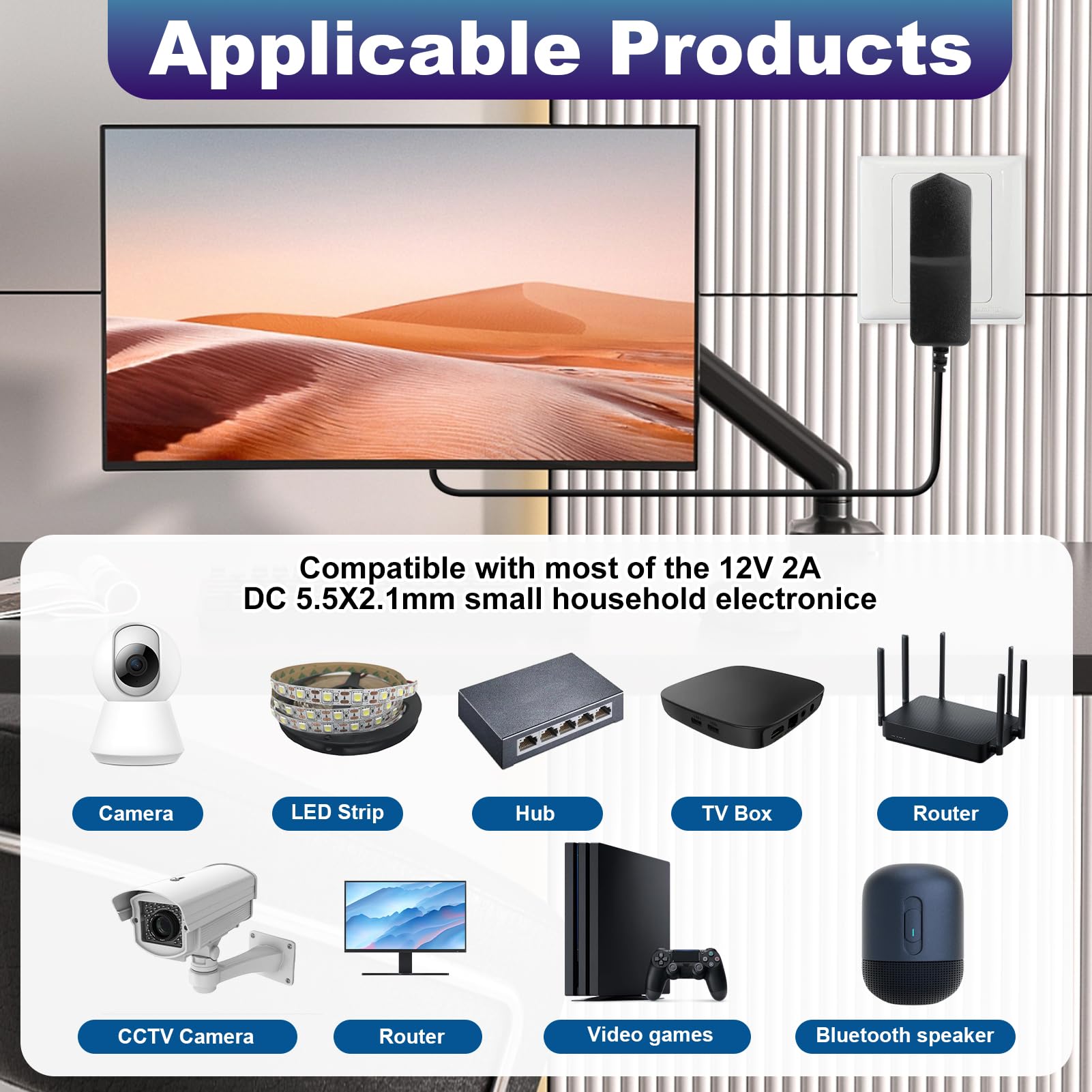 12V 2A LED Alimentador, Universal Transformador AC 100-240V 50/60Hz Fuente de Alimentación, Adaptador Enchufe EU Cargador 5,5 x 2,1 mm con Conector DC para Tiras LED, Cámaras CCTV, TV Box, Routers — view 2