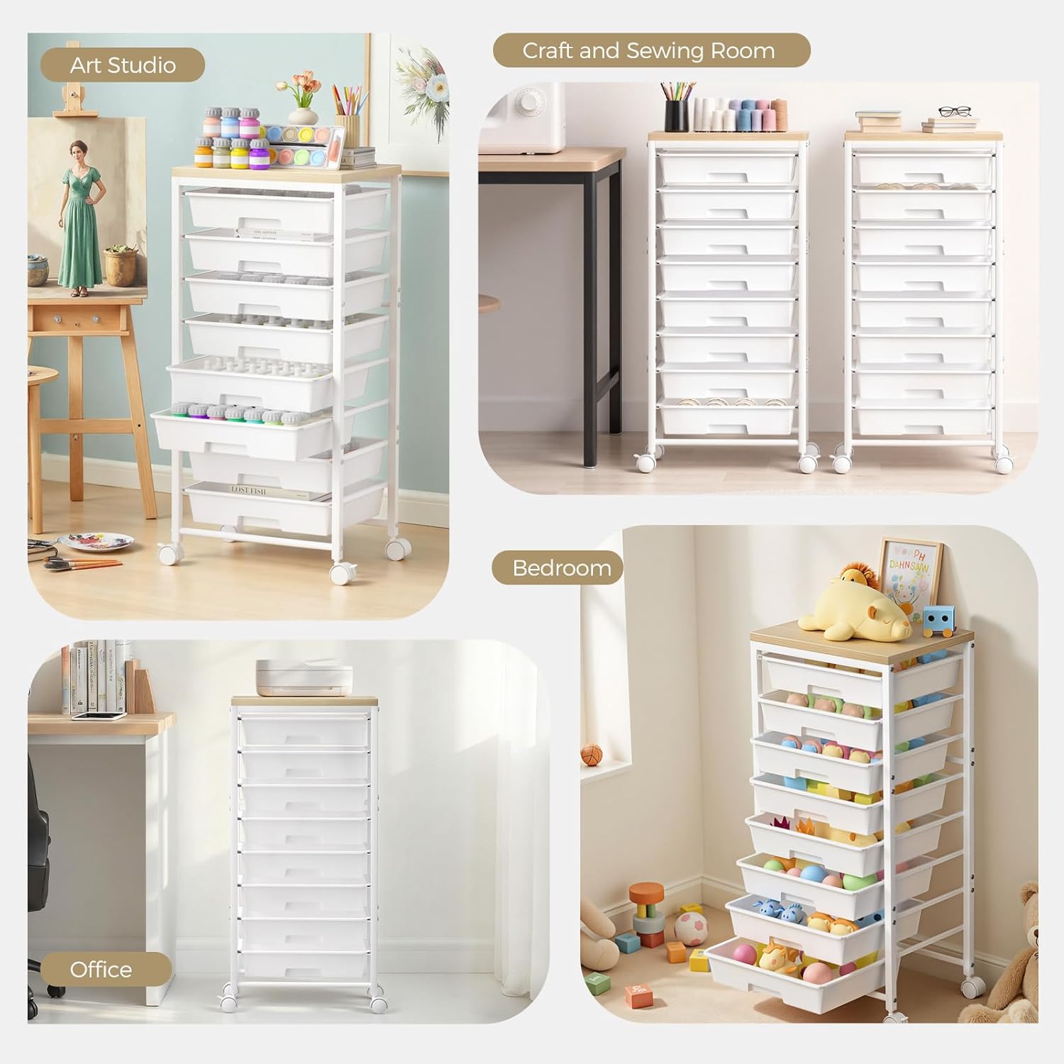 Rolling Cart with 8 Drawers, Plastic Drawer Storage Carts with Wheels & Wooden Tabletop, Metal Utility Cart Organizer for Bedroom Living Room Office Classroom Craft Organization and Storage, White - Image 6