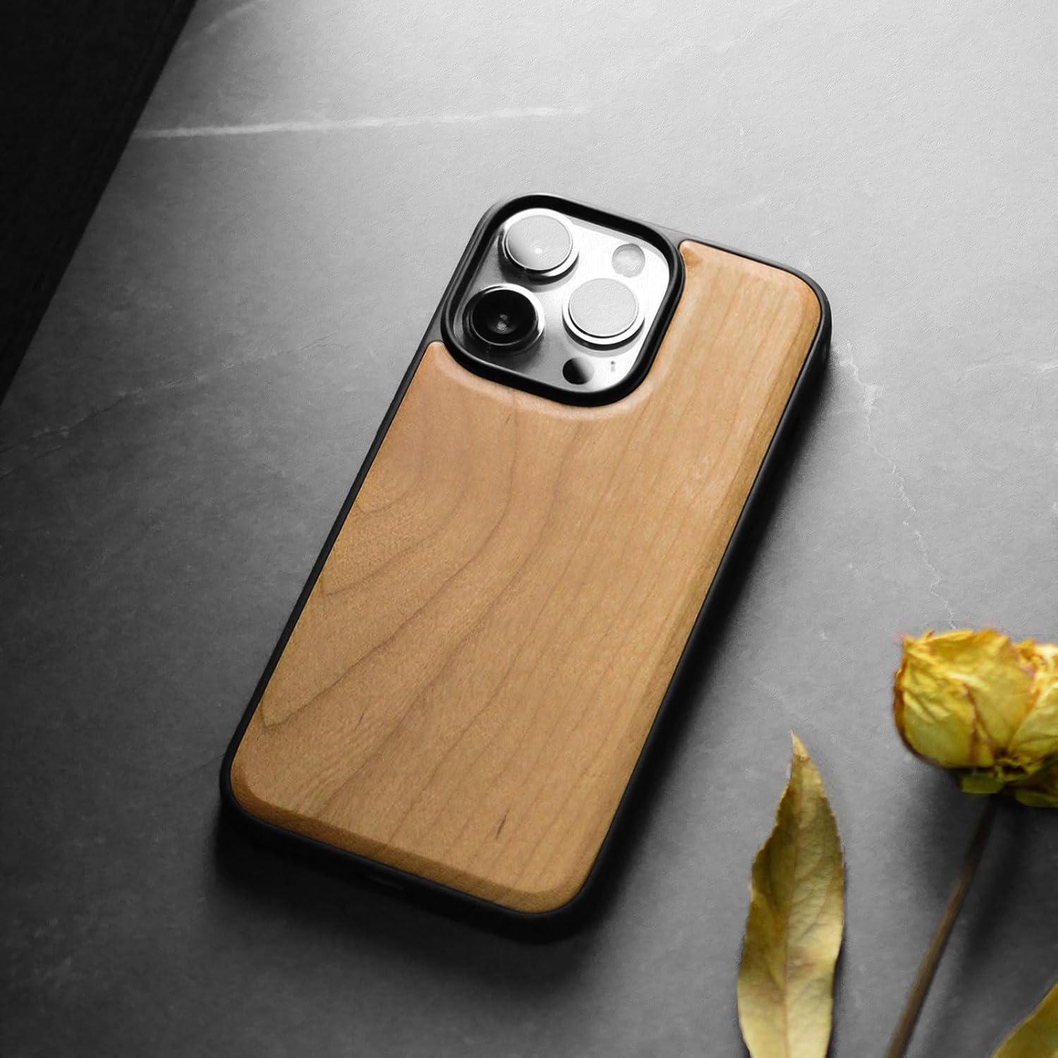 Carveit Magnetic Wooden Case for iPhone 15 Pro Case, Compatible with MagSafe Wireless Chargers, Black Soft TPU Shockproof Cover & Wood Artisan Engraved (Natural Wood - Cherry)