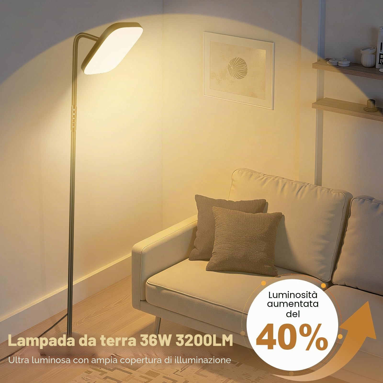 Lampada da Terra LED 36W 3200LM con Telecomando - 5 Tonalità di Colore Regolabile & Luminosità Dimmerabile - Piantana da Lettura Regolabile a 360° per Soggiorno, Camera da Letto, Ufficio - Nero