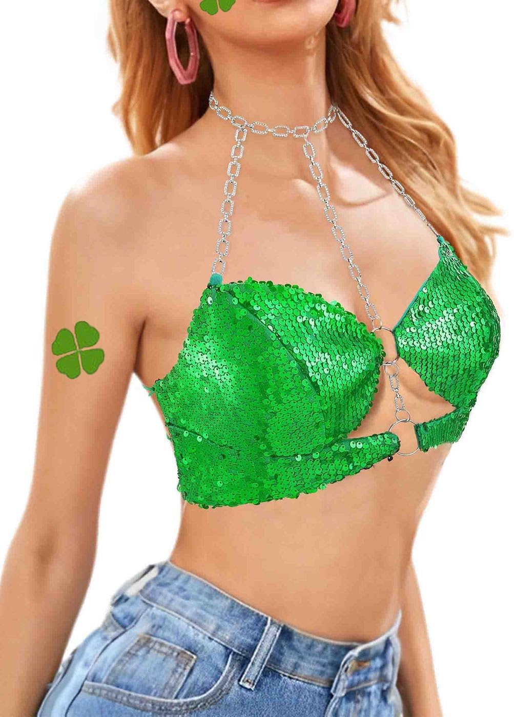 Women's Sequins Bra Top Sparkly Halter Crop Tops Party Club Wear Bra Top