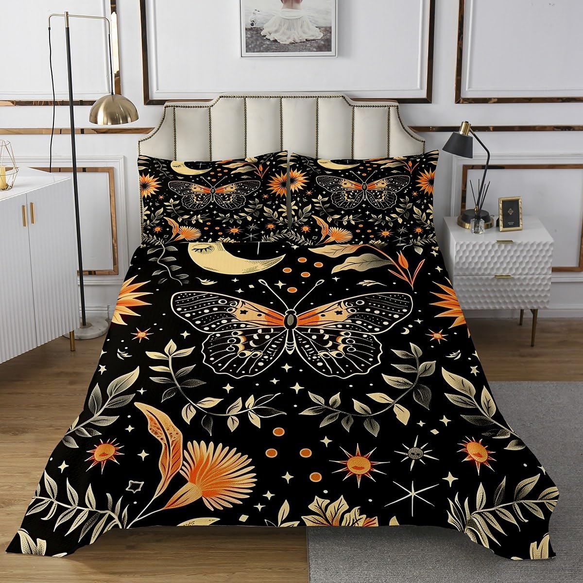 jejeloiu Boho Moon Sun Bedspread Starry Galaxy Bedspread for Kids Boys Girls Watercolor Mushroom Coverlet Set Wild Jungle Plants Quilted Room 3Pcs Full Size