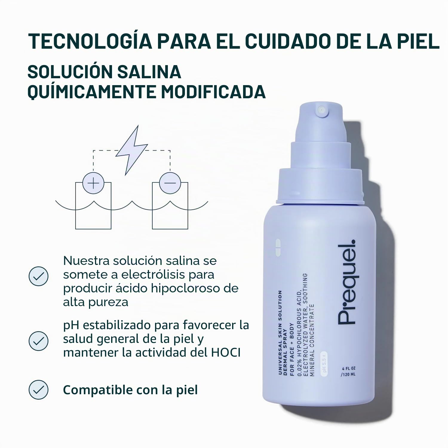 Prequel - Skin - Solución universal para la piel, spray hipocloroso para la piel, spray calmante facial y corporal con agua electrolizada y minerales, 140 ml