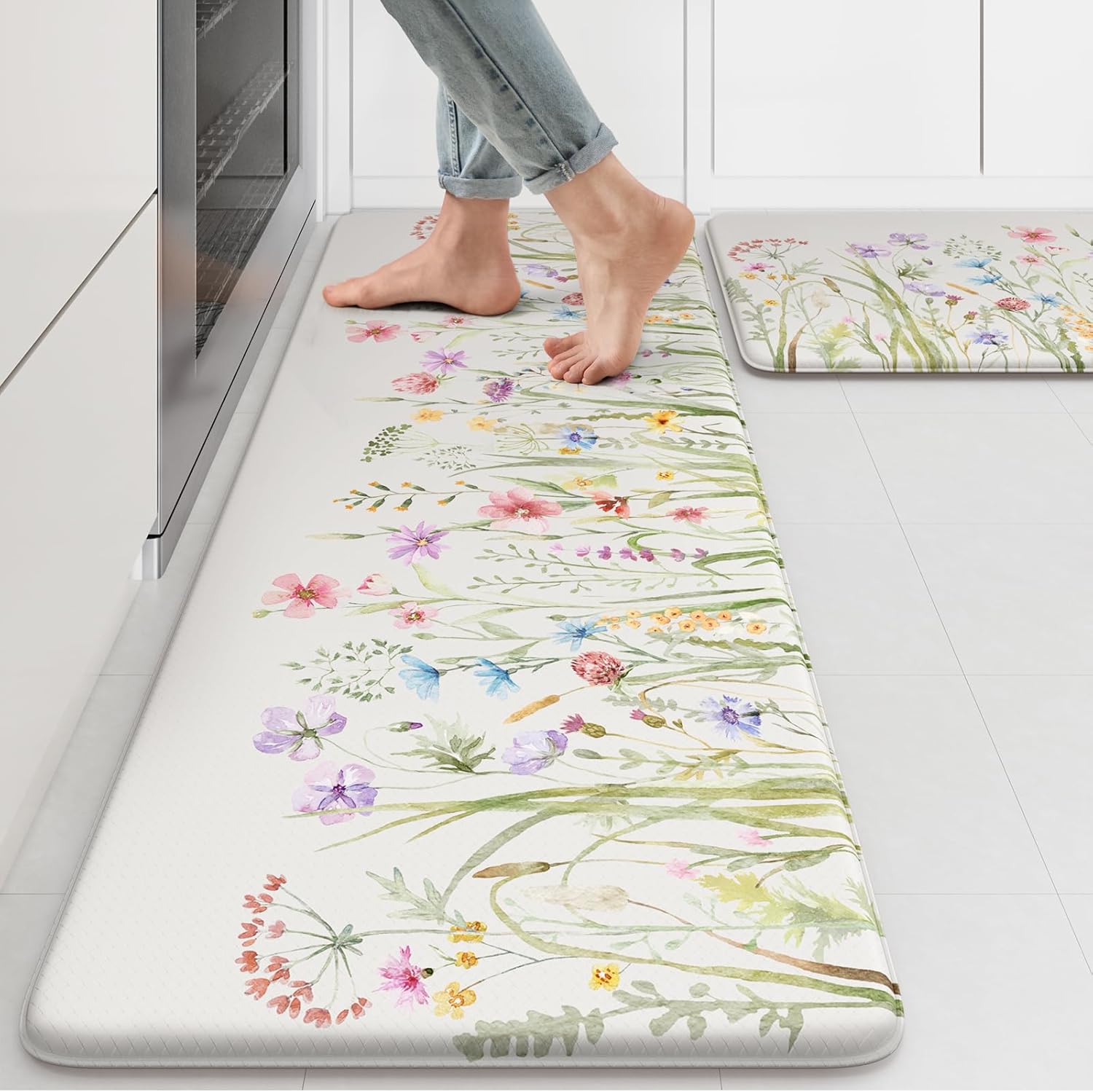 KIMODE Anti Fatigue Kitchen Mat for Floor, Farmhouse Floral Kitchen Rugs Sets of 2, Kitchen Floor Mats Non-Slip, Cushioned Standing Mat for Sink, Laundry, Desk, Home White 17"x47"+17"x29" 17.3" x 47"+17.3" x 29"--0.47 inches Floral/White