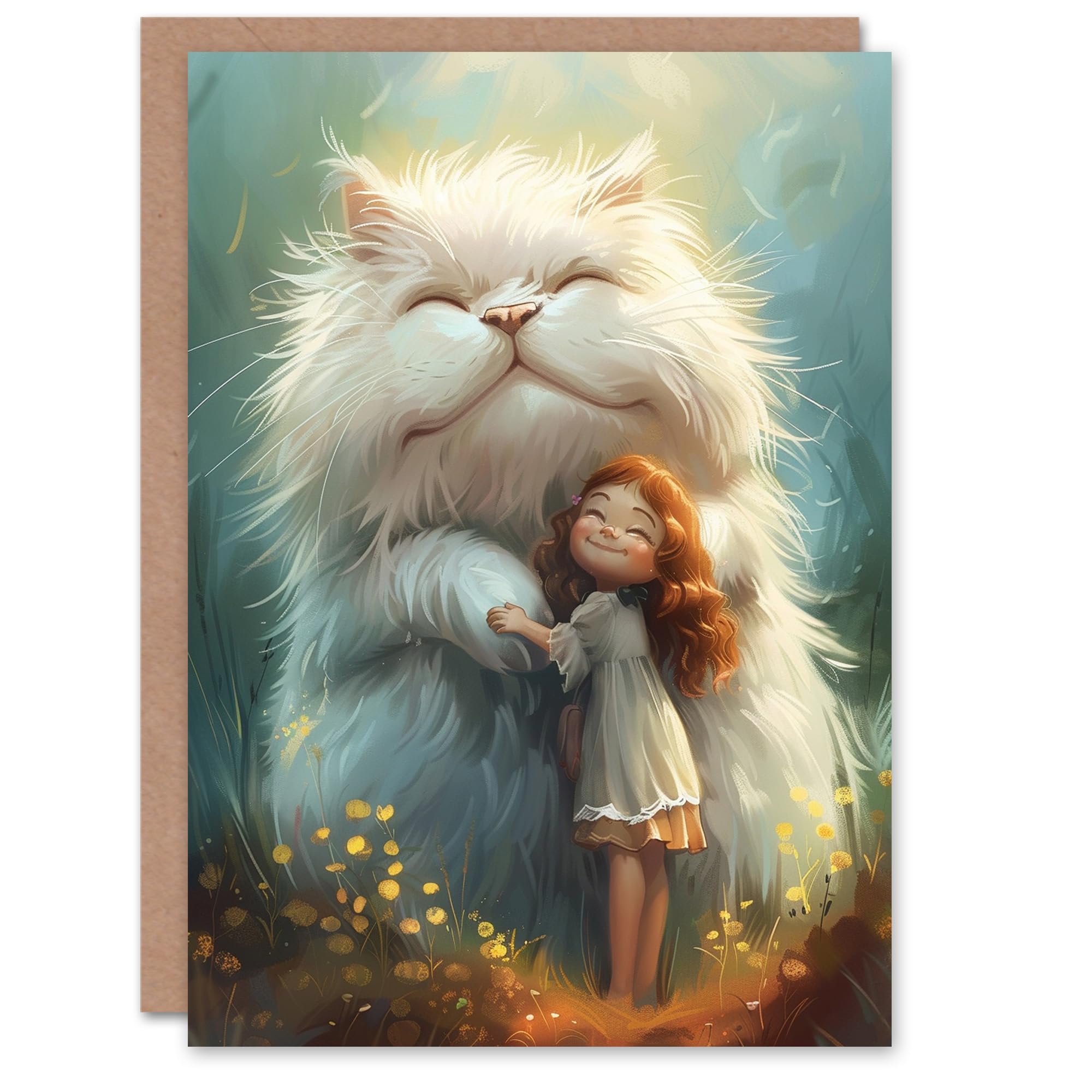 Artery8 Birthday Card Cute Little Girl and Giant Cat Friend Love For Son Daughter Girl Boy Kids Happy Card