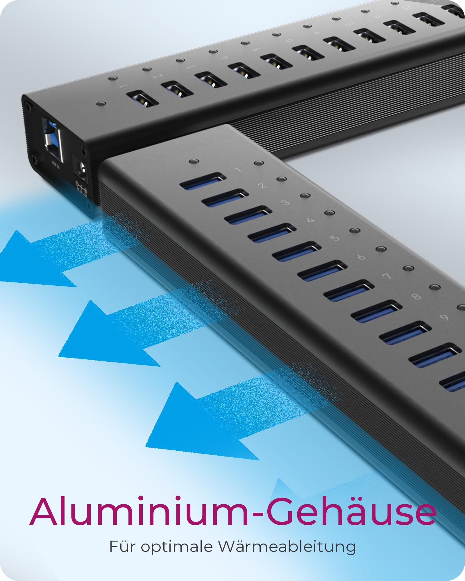 ICY BOX IB-AC6113 Hub USB 3.0 de 13 Puertos con Adaptador de Corriente de 12 V / 5 A, Carcasa de Aluminio y Puerto de Carga USB Negro