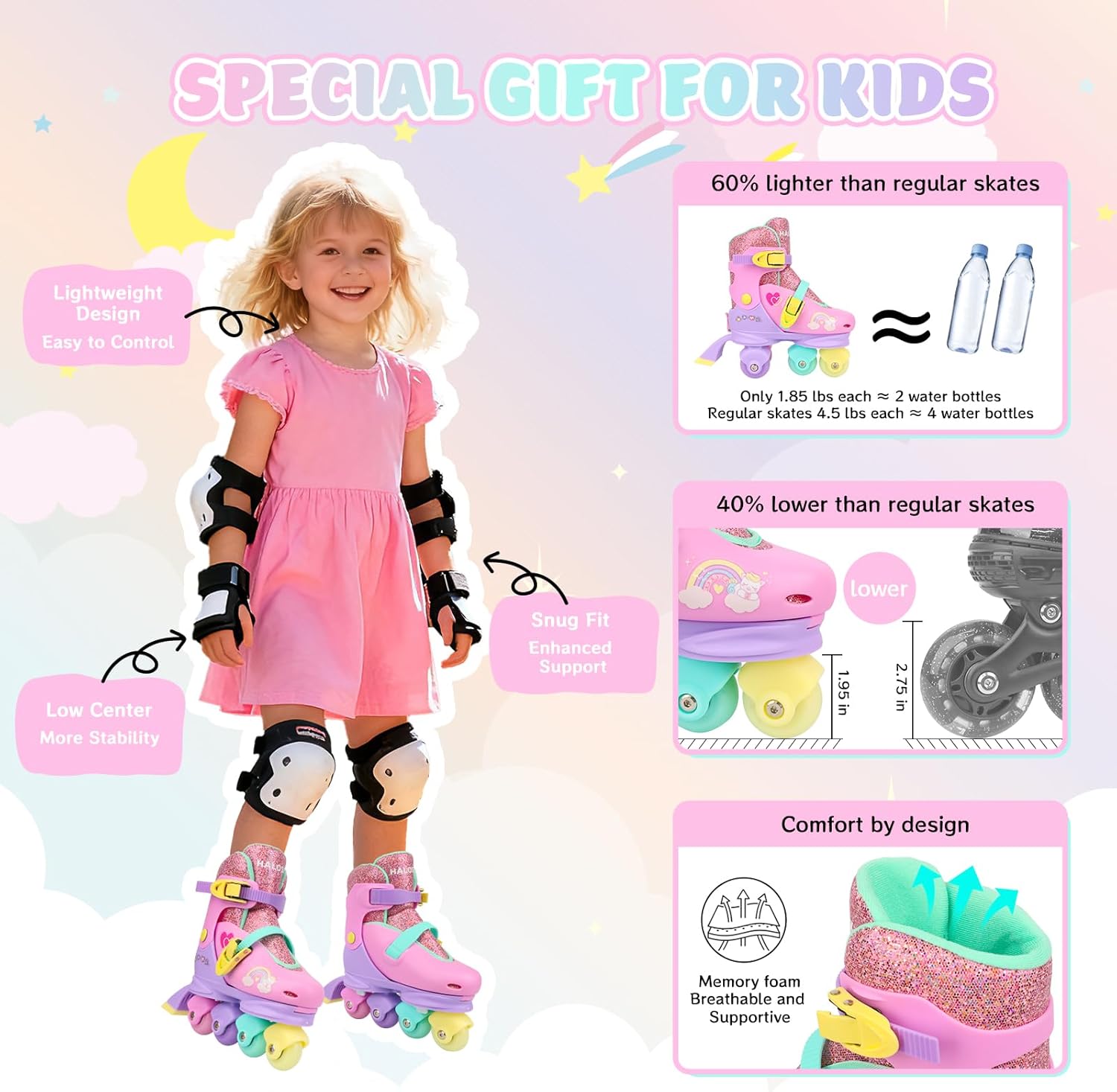 Toddler 3-in-1 Roller Skates for Kids Girls Boys, Hard Shell Convertible Quad, Inline & Tri-Skates with Sticker-Decorated Colorful Light-Up Wheels, 4 Size Adjustable Skate for Beginners