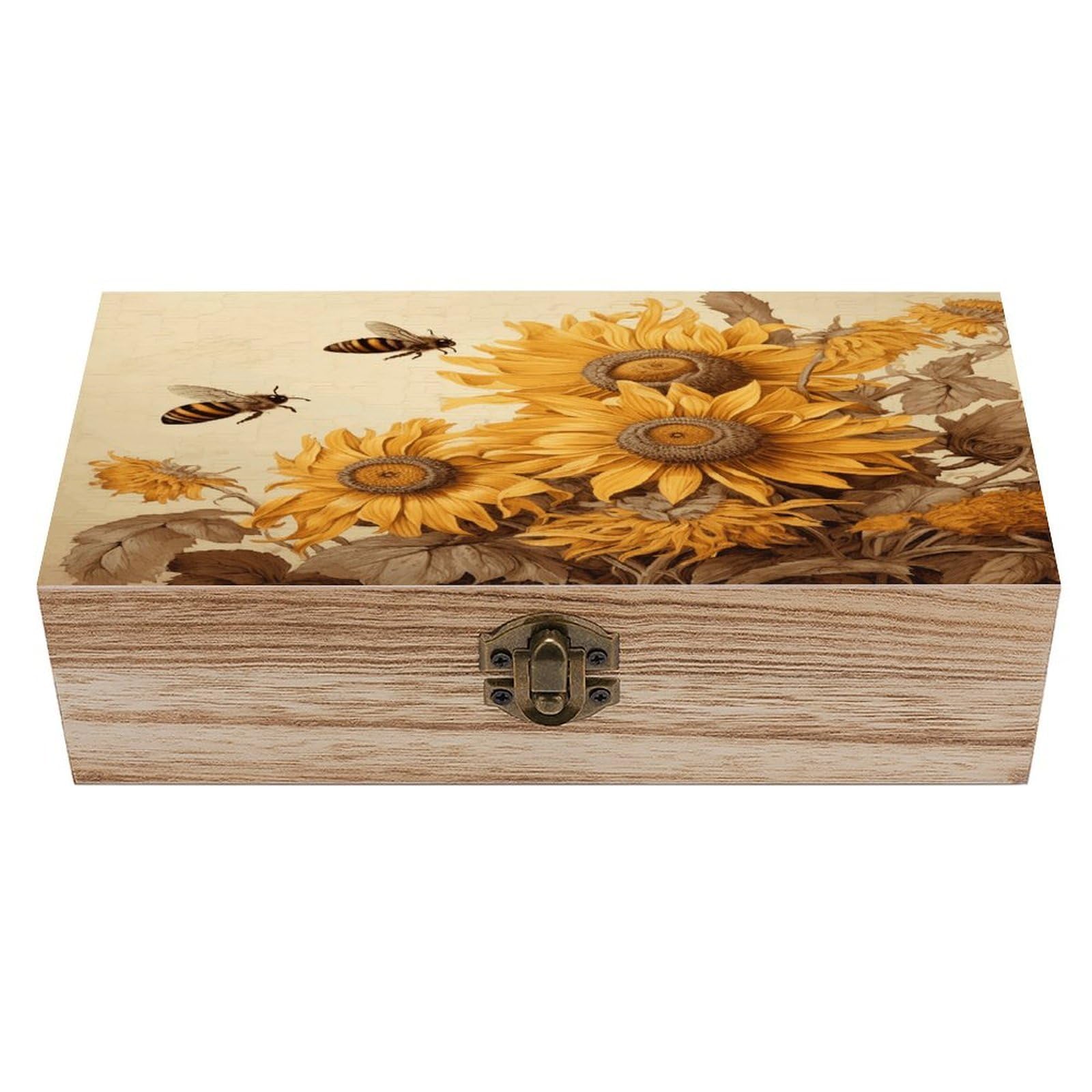 VstaDank Bees And Sunflowers on Old Paper Wooden Storage Box Decorative Jewelry Case with Lids Exquisite Wood Box Letters Gifts Acacia Wood Boxes Fashion Wooden Keepsake Boxes for Men Women