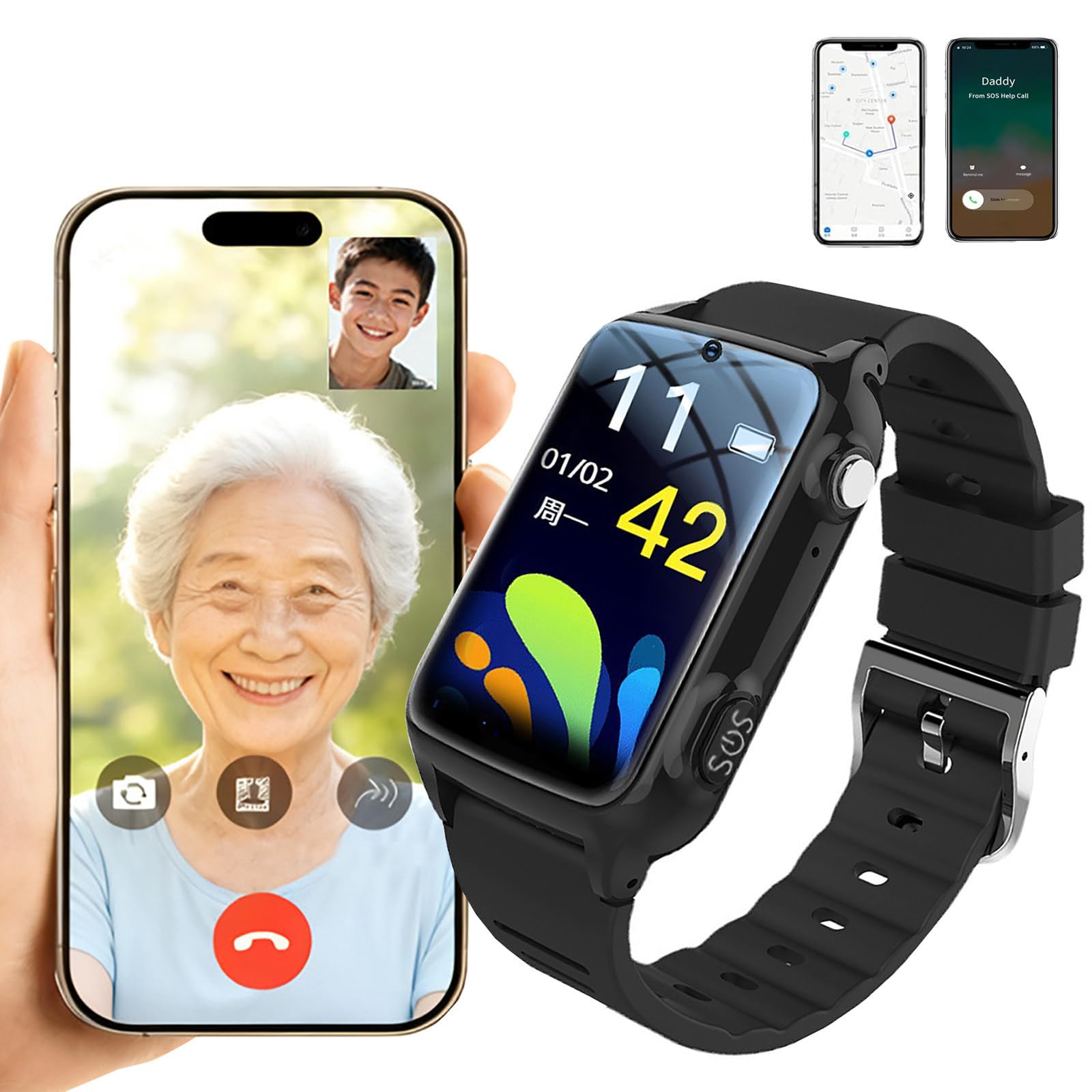 ZHZWwansuGE Fall Detection Watch for Seniors, 1.6'' 4G Senior Smart Watch, SOS Emergency Alert, GPS Tracker, Two-Way Calling, SIM Support, Multiple Languages, for Kids and Elderly Safety Black