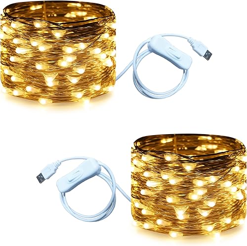 Miniatura 17 de RUICHEN Guirnalda de luces USB de 33 pies, 100 luces LED con interruptor de encendido/apagado (naranja, paquete de 2)