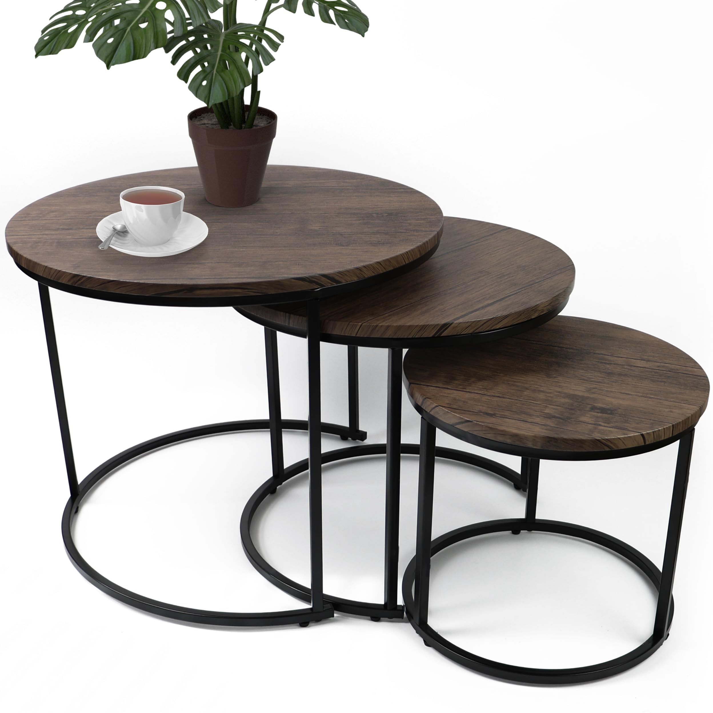 DIVCHI Nest of Tables Set of 3 Round – Modern Nesting Coffee Tables with Wood Look Top & Black Metal Base, Space Saving Side Tables for Living Room, Bedroom & Balcony (Black Beech)