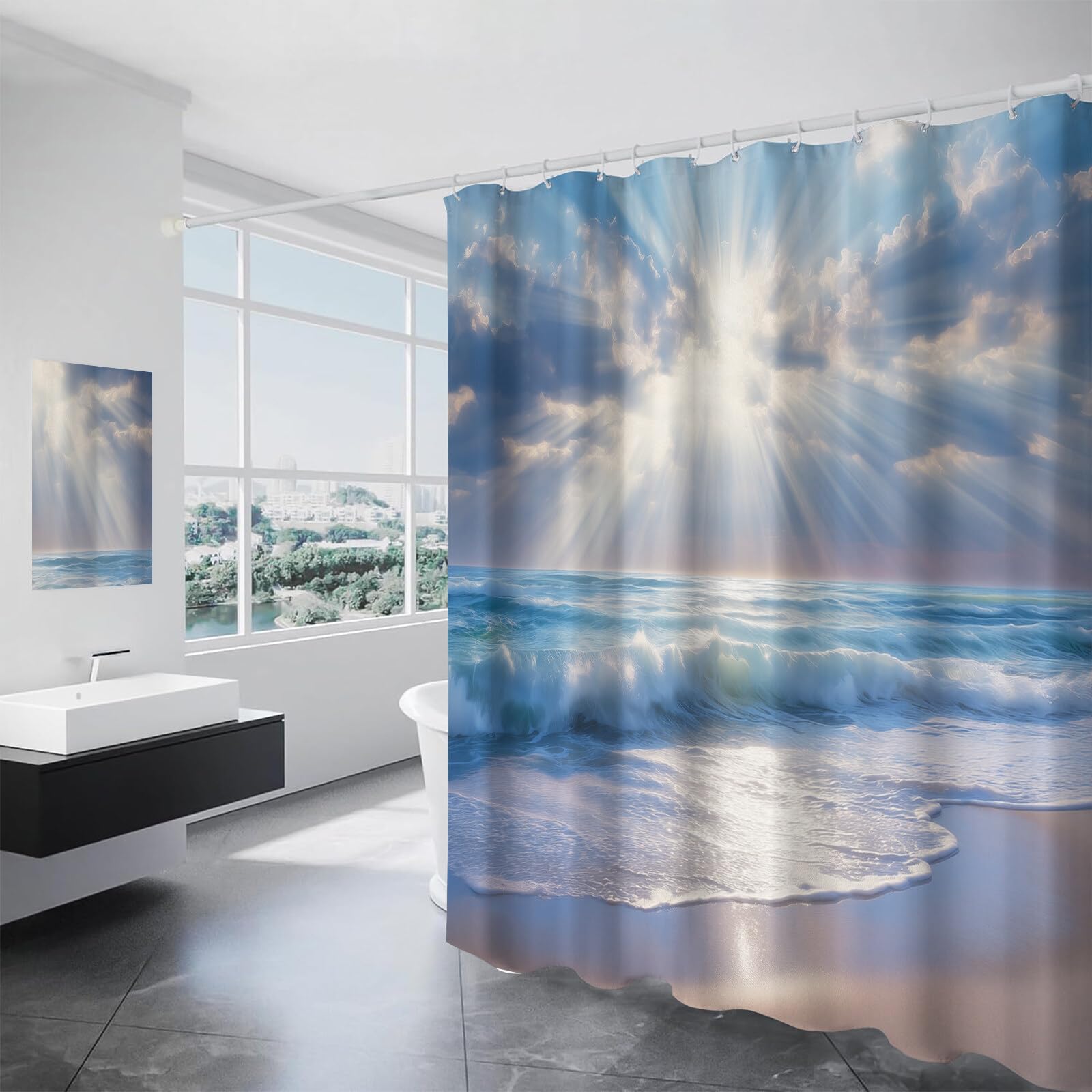 Rideau Douche,Rideau Baignoire Lavable en Machine Rideaux Douche Tissus Lavable Rideau De Baignoire Lavable pour Salle De Bain Domicile Baignoire Famille,Plage Ensoleillée,