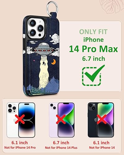 Miniatura 2 de Shorogyt Funda tipo cartera para iPhone 14 Pro Max con tarjetero y soporte para tarjetas, diseño de ovnis alienígena con función atrás, cierre