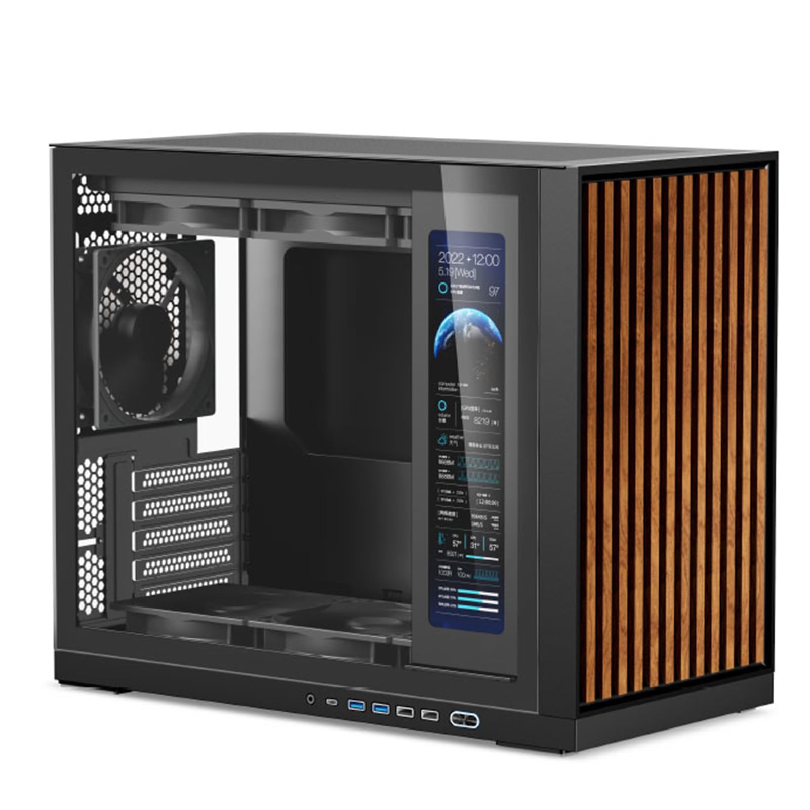 Shiny Snake G600 MATX Gaming Case with 11.3" Auxiliary Screen - Wood Front Panel + Tempered Glass - 34L Mirco Form Factor - Compatible with RX9070XT / RTX 5090 - Walnut Black-picture-15