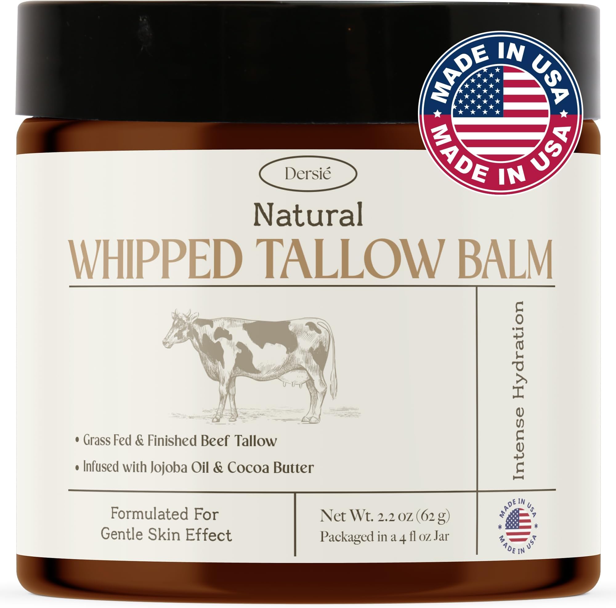 Dersie Beef Tallow for Skin: 100% Grass-Fed Whipped Tallow Balm for Deep Hydration & Soothing – Suitable for Dry, Sensitive & Mature Skin, Safe for Kids & Babies (Made in USA)