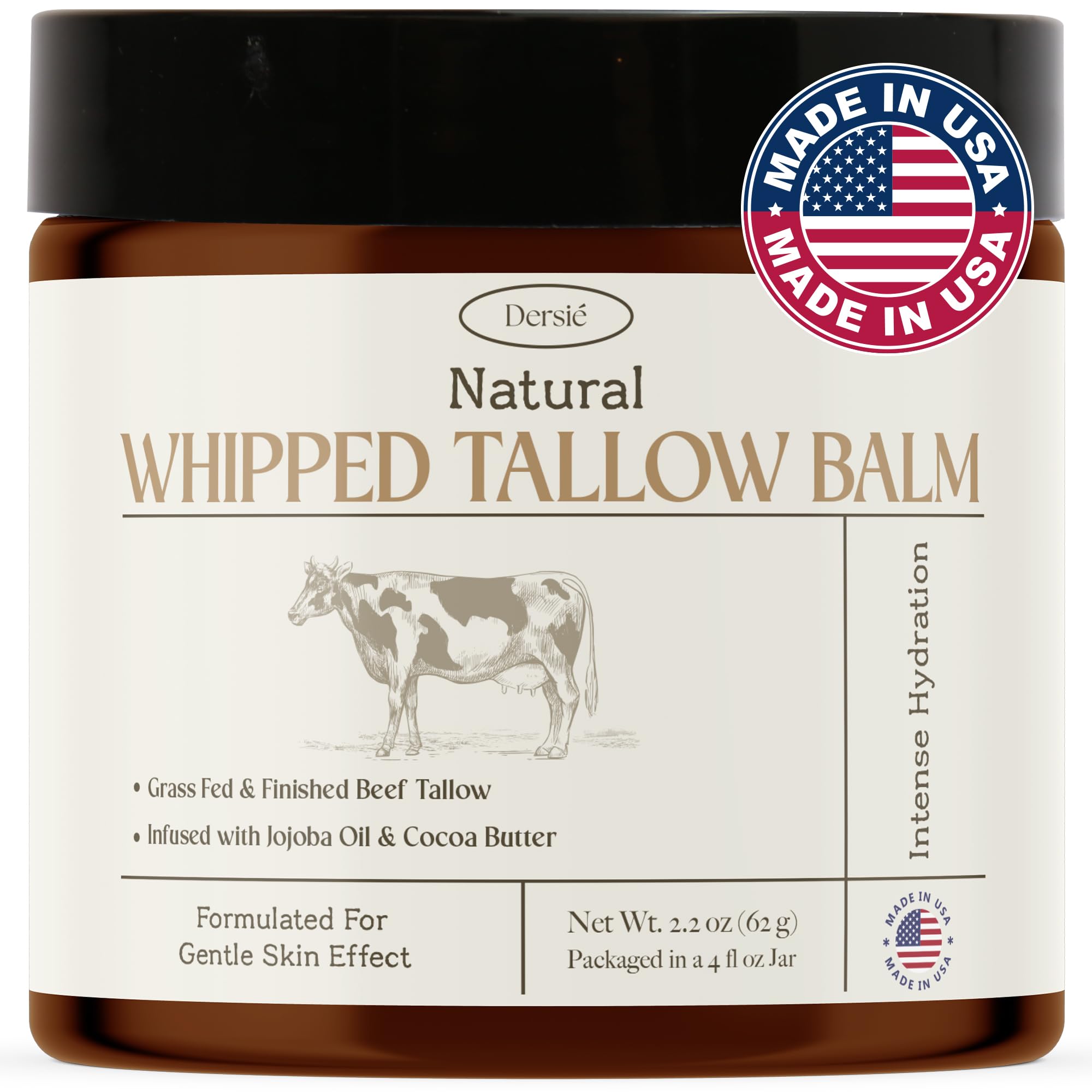 Dersie Beef Tallow for Skin: 100% Grass-Fed Whipped Tallow Balm for Deep Hydration & Soothing – Suitable for Dry, Sensitive & Mature Skin, Safe for Kids & Babies (Made in USA)