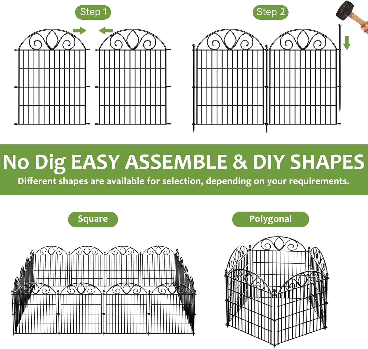 10-Panel No-Dig Tall Garden Fence – 34″H x 22′L Rustproof Metal Dog Fence, Decorative Yard & Garden Animal Barrier, Easy Install Outdoor Pet & Flower Bed Border, Temporary Fence