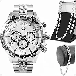 Relógio Masculino Prova D' Água Prata Grande + Cordão e Pulseira Aço Inox + Caixa Original Presente