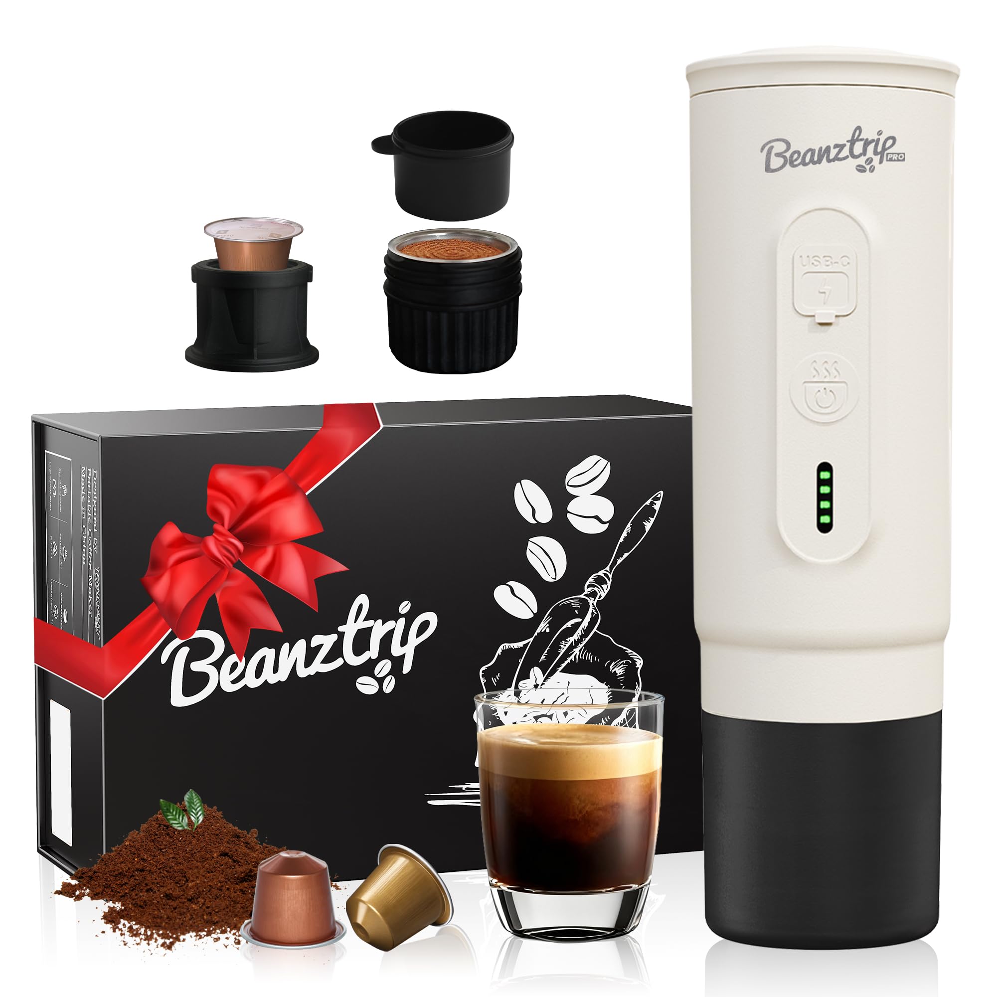 BeanzTrip H02PRO Portable Electric Espresso Maker, Travel Coffee Machine Compatible with NS Capsule & Ground Coffee, Self-heating 20Bar Mini Espresso Machine for Office, Camping, Hiking, with Gift Box