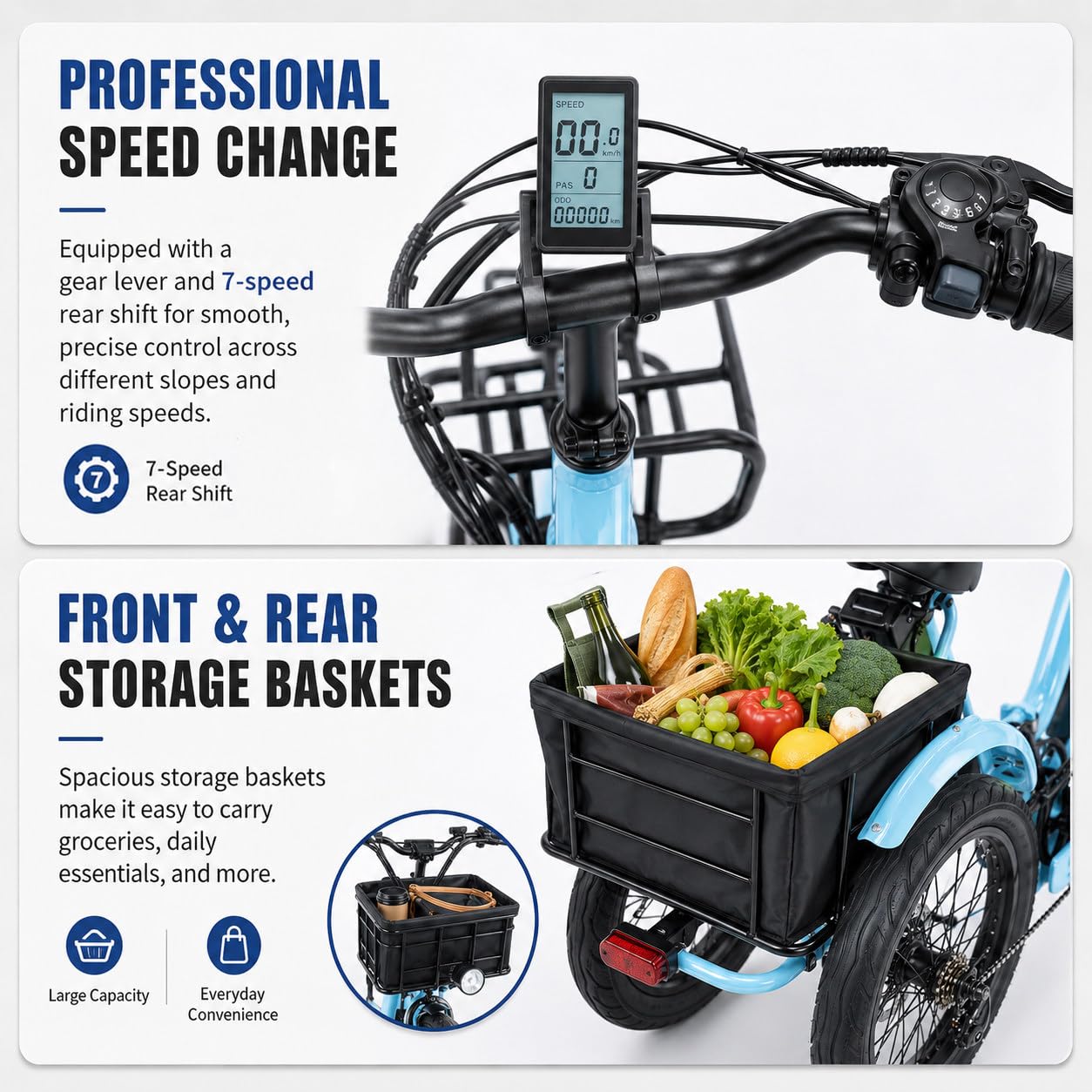 18 Inch Electric Tricycle for Charging 3-Wheel Electric Bike Folding Adult Electric E Bike with Storage Basket Large Tyres for Adults Electric Bicycle, Load Capacity 30 kg Blue