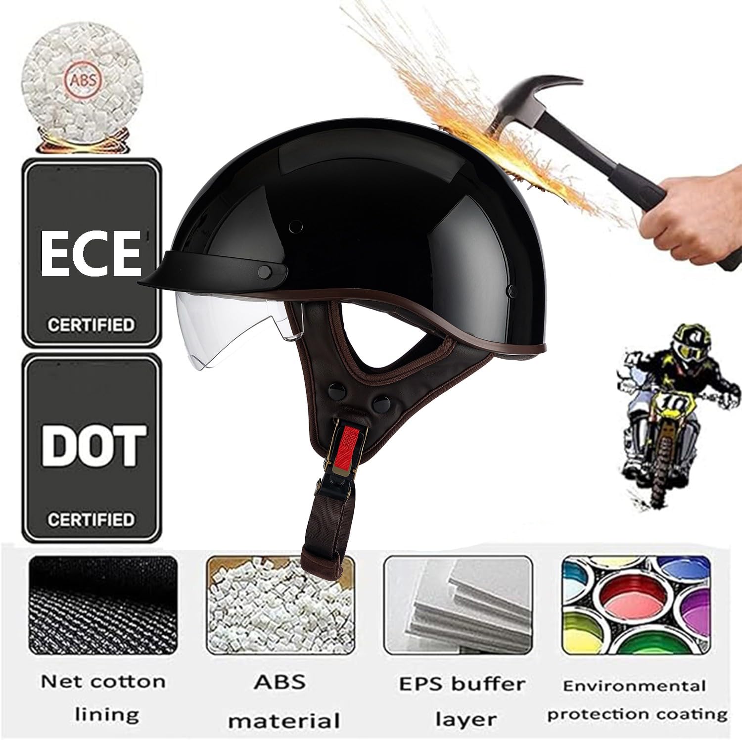 Mezzo Casco Moto Retro Certificato DOT & ECE Con Visiera Unisex Adulti