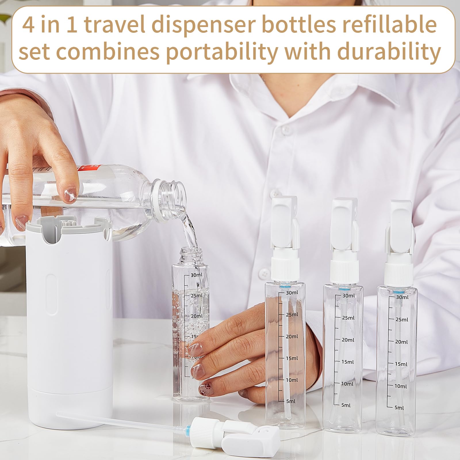Dispenser da viaggio 4 in 1, ricaricabile, a prova di perdite e portatile, per shampoo, balsamo, gel doccia e articoli da toeletta, perfetto per vacanze, campeggio e palestra (4 pezzi)