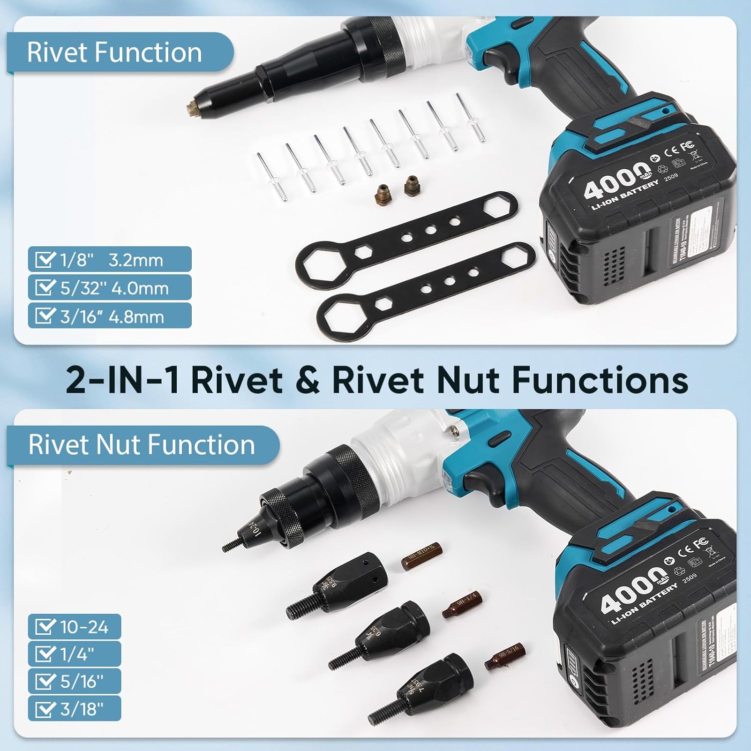 2-in-1 Cordless Electric Rivet/Nut Gun Tool for Nutsert(10-24" & 1/4" & 5/16" & 3/8"),Rivets(1/8'', 5/32'', 3/16"), Portable Battery Powered Pop Rivet/Nut Gun, Auto/Manual Rivet, Two Memory Modes