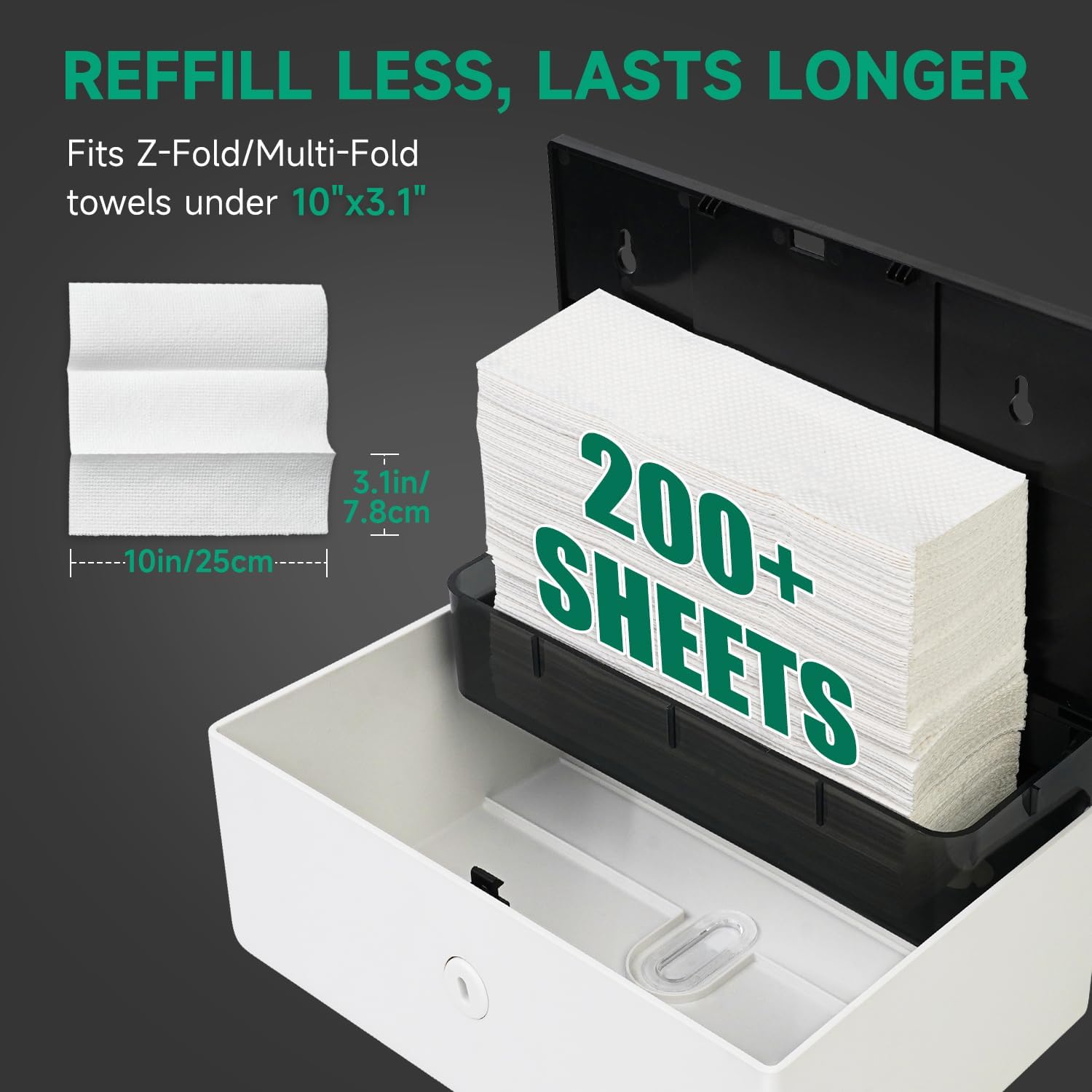 anydry Wall-Mounted Paper Towel Dispenser – Fits Tri-Fold Towels up to 10x3.1 Inches, Holds 200 Sheets, Ideal for Home & Commercial Use (White)